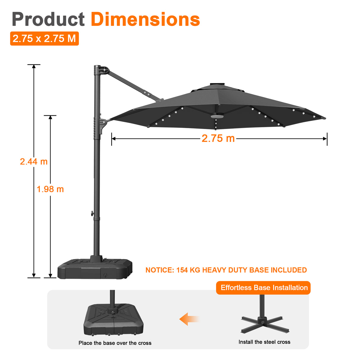 Patioslife Aegis Pro All-in-One Shade Round Cantilever Patio Umbrella with solar LED lights | Premium Cover | Large Base