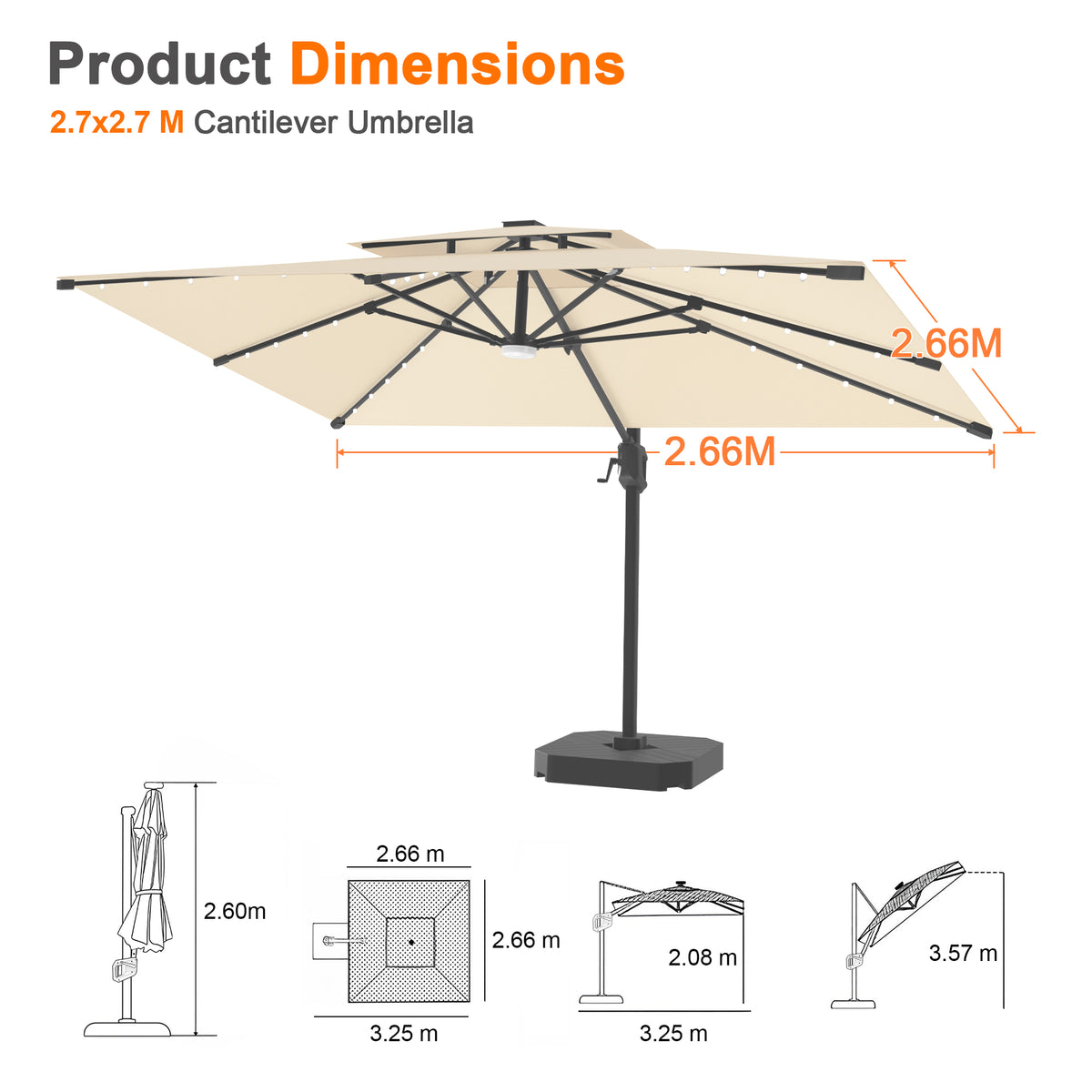 Patioslife Aegis Pro Cantilever Umbrella with LED Lights, Reinforced & Powder-Coated Aluminium Ribs and Pole — Perfect for Garden & Patio