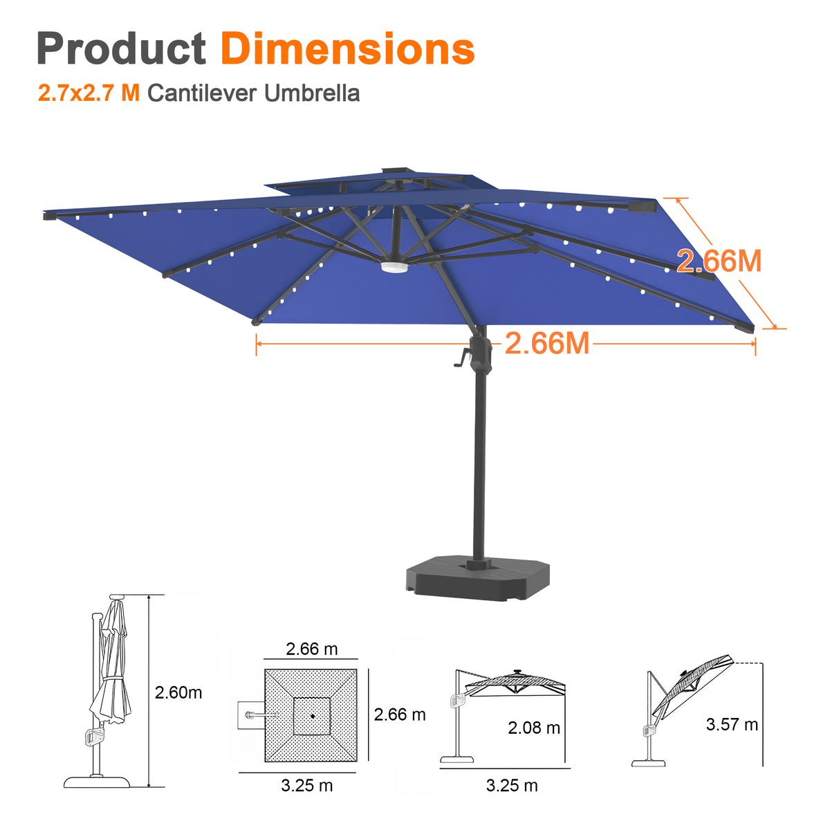 Patioslife Aegis Pro Cantilever Umbrella with LED Lights, Reinforced & Powder-Coated Aluminium Ribs and Pole — Perfect for Garden & Patio