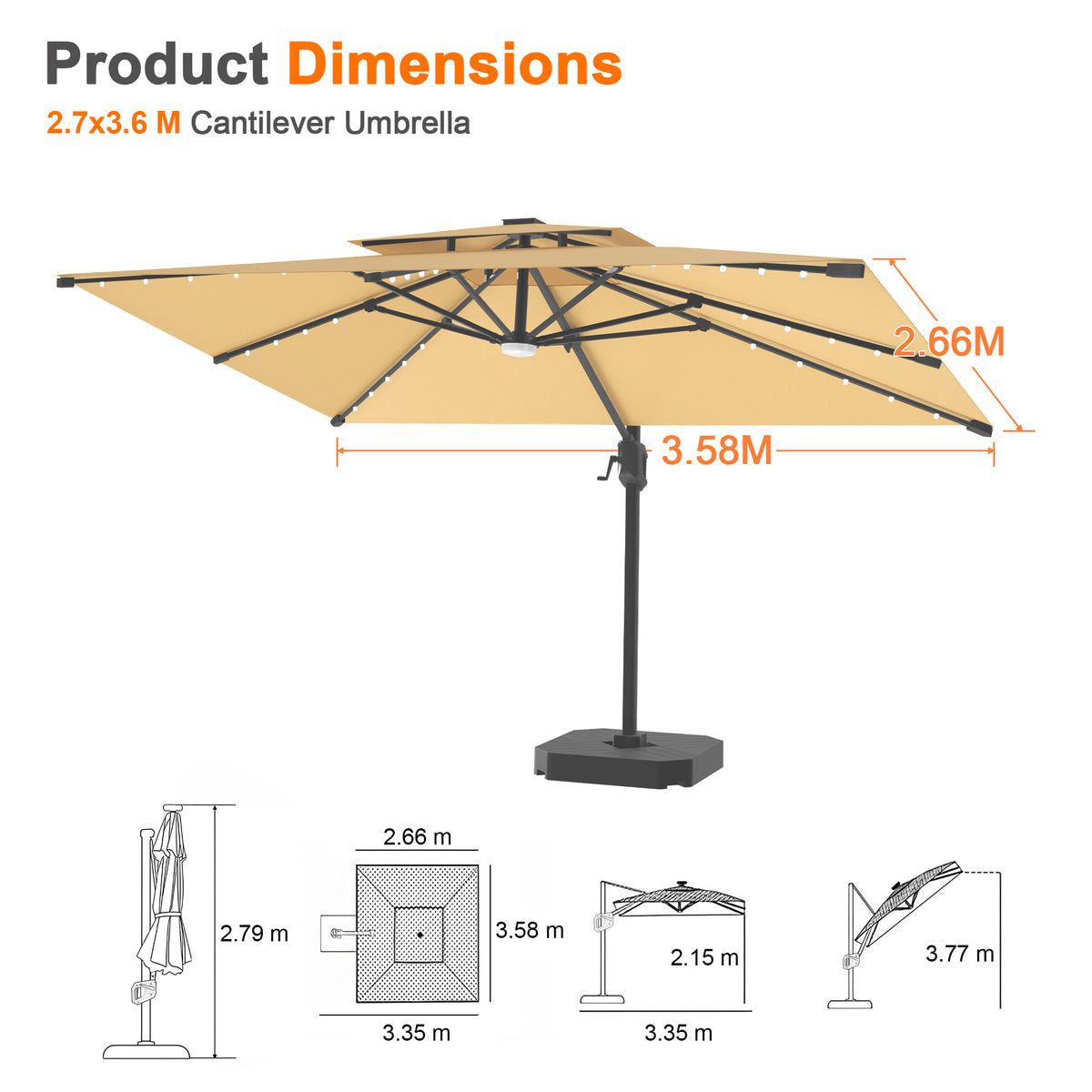 Patioslife Aegis Pro Cantilever Umbrella with LED Lights, Reinforced & Powder-Coated Aluminium Ribs and Pole — Perfect for Garden & Patio