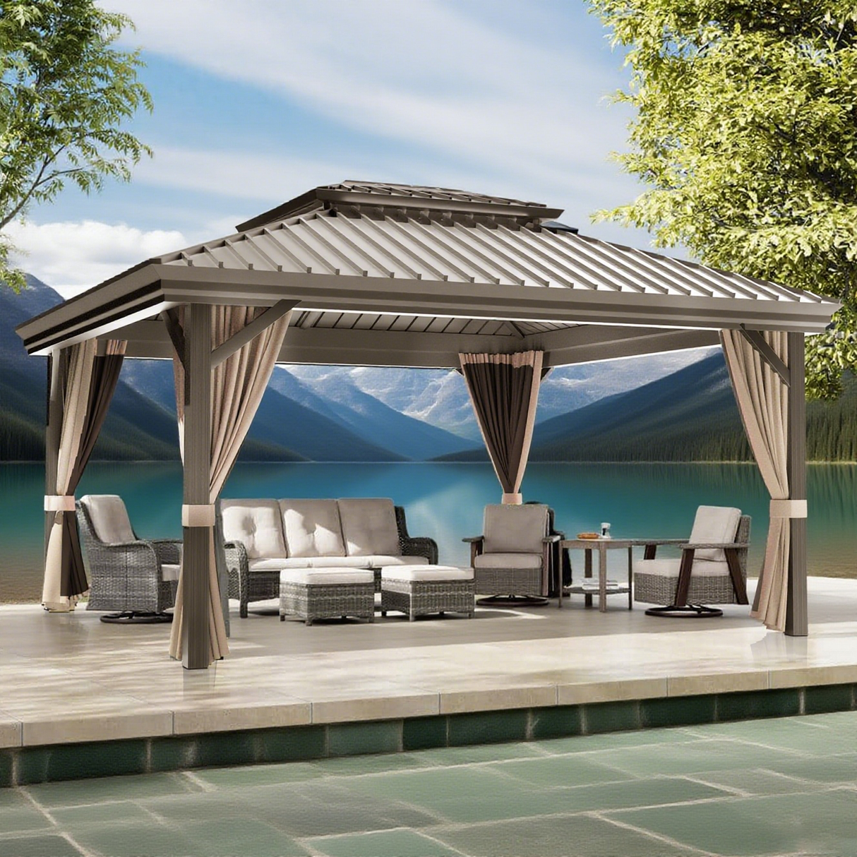 Patioslife Haven | 3.65 x 4.8m Brown Hardtop Gazebo with Drainage Gutters, Heavy Duty Aluminum Frame, Double Vented Roof & Curtains for Patio & Garden