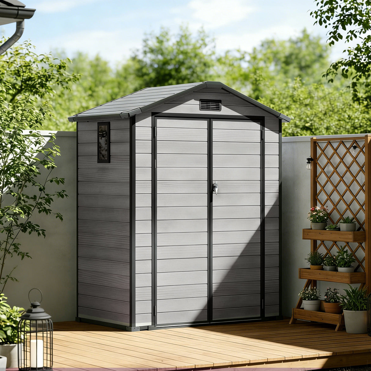 Outdoor Storage Shed with Floor Patioslife YardVault , All-Weather Waterproof Plastic Garden Shed in Resin with Lock and Window for Backyard, Heavy-Duty Storage Shed for Tools, Bikes & Lawn Equipment