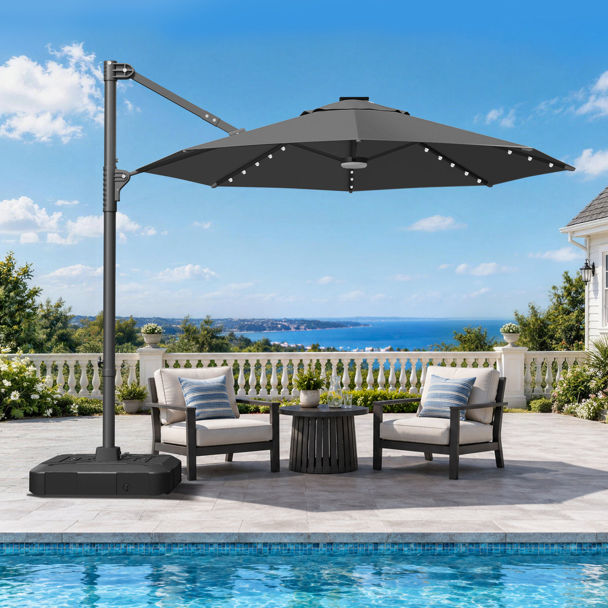 Patioslife Aegis Pro All-in-One Shade Round Cantilever Patio Umbrella with solar LED lights | Premium Cover | Large Base