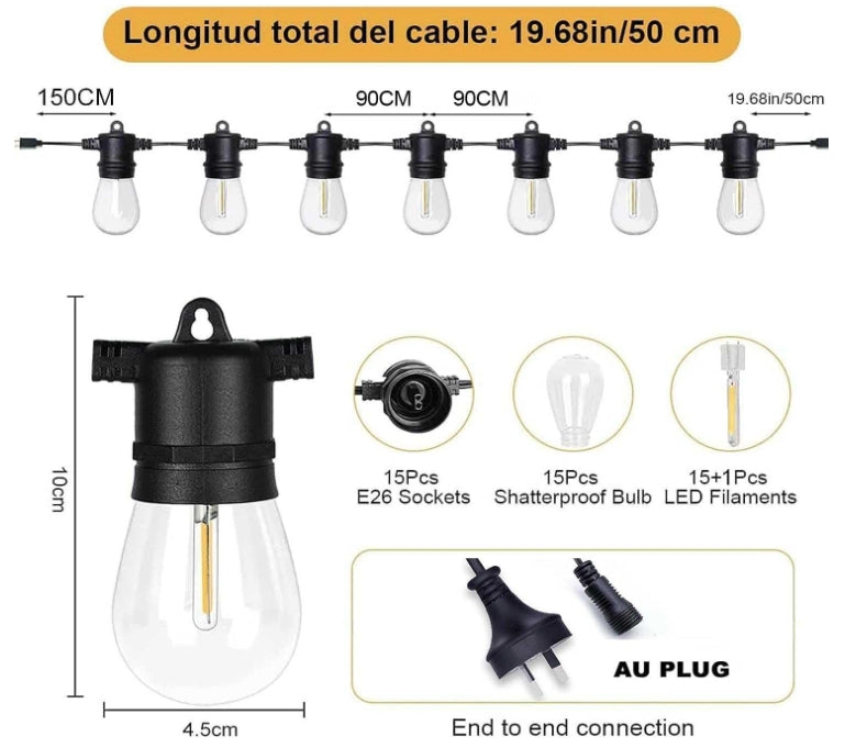 Patioslife™| 16M Waterproof Outdoor String Lights – 53FT LED Patio Lights with Shatterproof S14 Bulbs