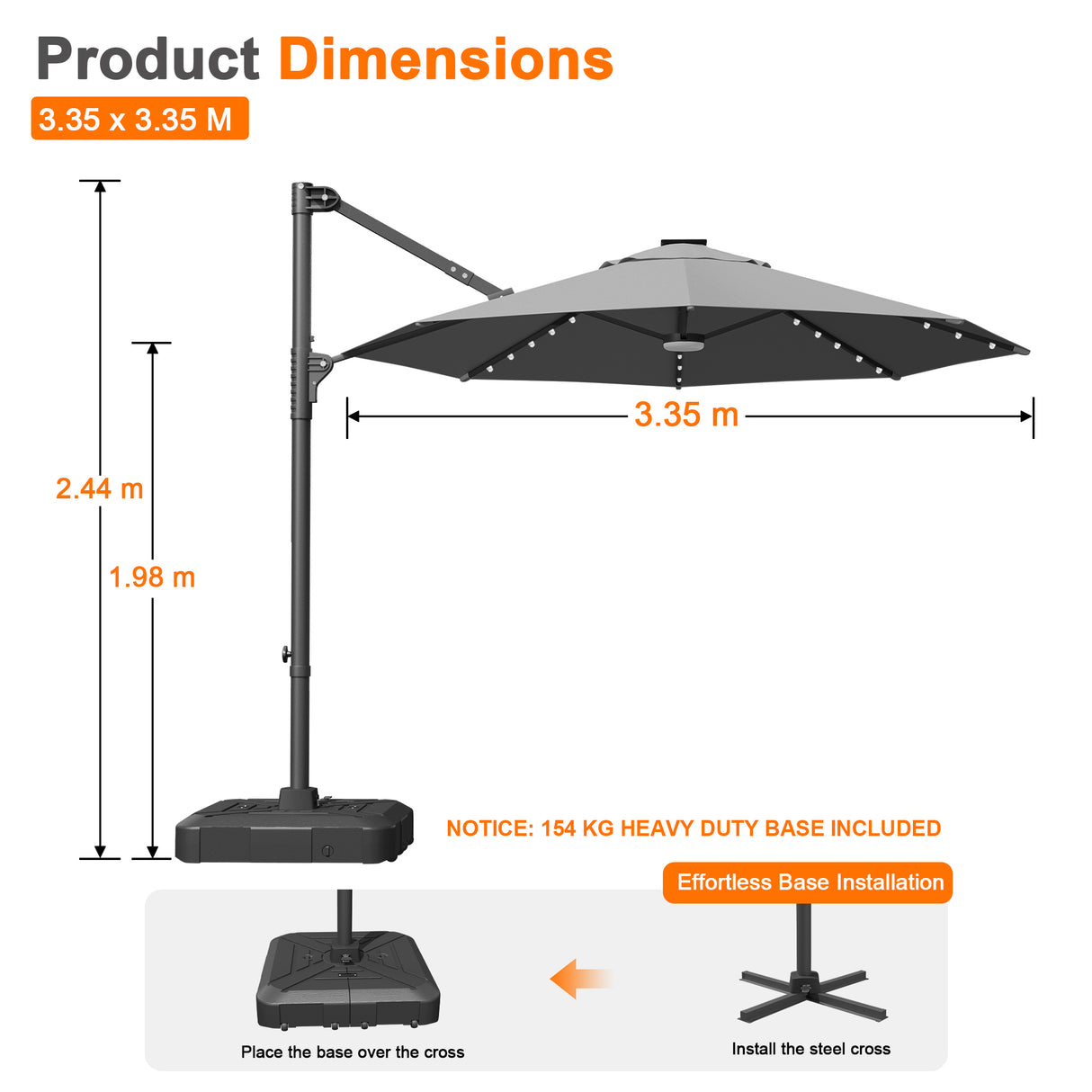 Patioslife Aegis Pro All-in-One Shade Round Cantilever Patio Umbrella with solar LED lights | Premium Cover | Large Base
