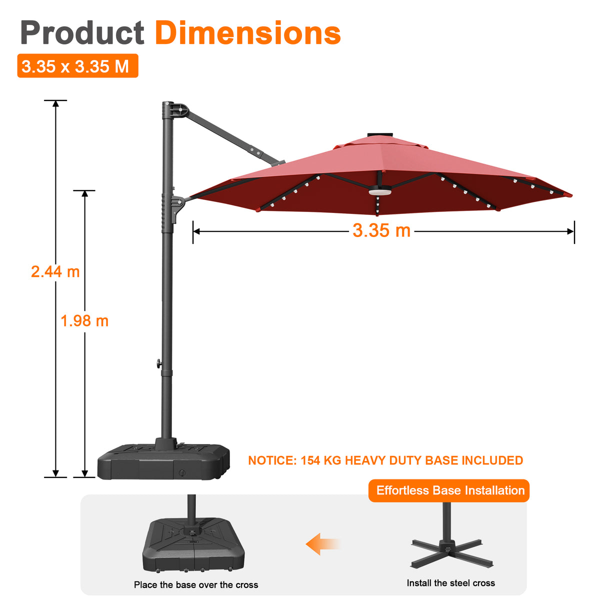 Patioslife Aegis Pro All-in-One Shade Round Cantilever Patio Umbrella with solar LED lights | Premium Cover | Large Base