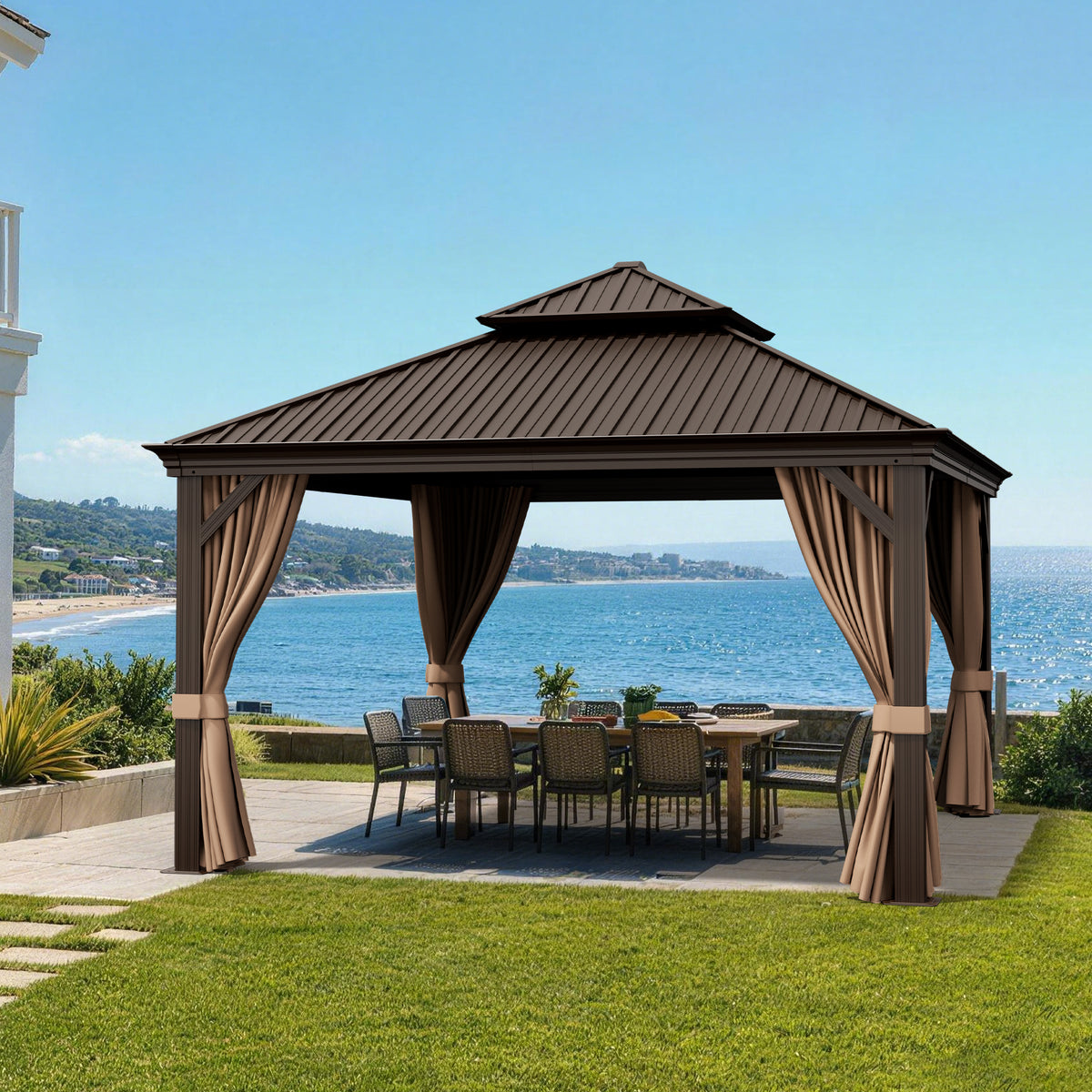 Patioslife Luxury Haven Coastal Hardtop Gazebo | Designed for Australian Outdoor Conditions with 120×120mm Aluminium Posts, Drainage Gutters, Double Vented Roof & Curtains