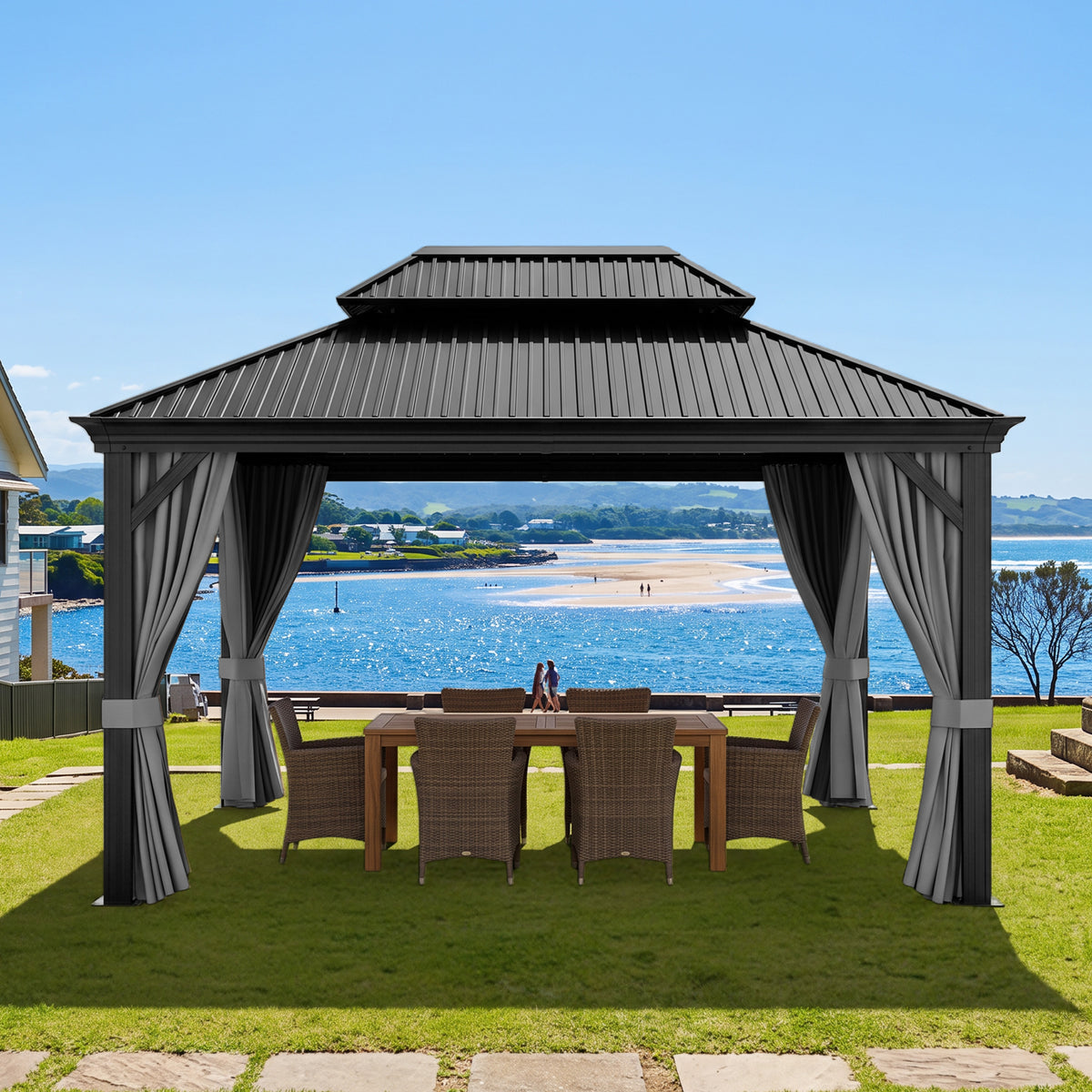 Patioslife Luxury Haven Coastal Hardtop Gazebo | Designed for Australian Outdoor Conditions with 120×120mm Aluminium Posts, Drainage Gutters, Double Vented Roof & Curtains