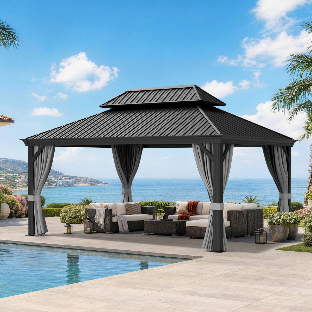 Patioslife Luxury Haven Coastal Hardtop Gazebo | Designed for Australian Outdoor Conditions with 120×120mm Aluminium Posts, Drainage Gutters, Double Vented Roof & Curtains
