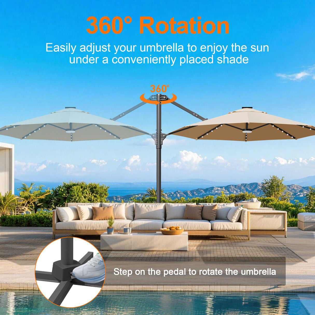Patioslife Aegis Pro All-in-One Shade Round Cantilever Patio Umbrella with solar LED lights | Premium Cover | Large Base