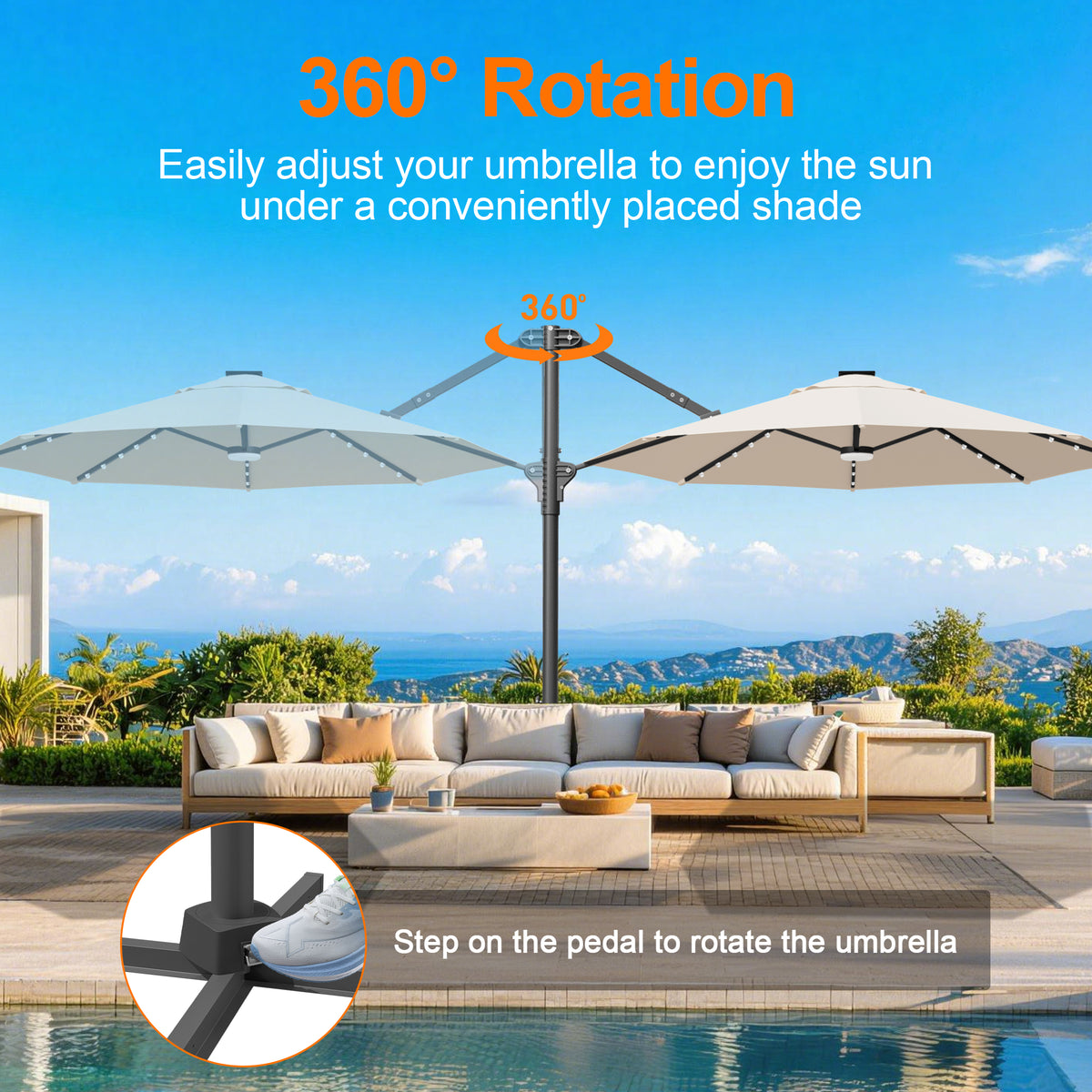 Patioslife Aegis Pro All-in-One Shade Round Cantilever Patio Umbrella with solar LED lights | Premium Cover | Large Base