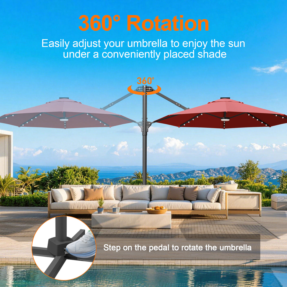 Patioslife Aegis Pro All-in-One Shade Round Cantilever Patio Umbrella with solar LED lights | Premium Cover | Large Base