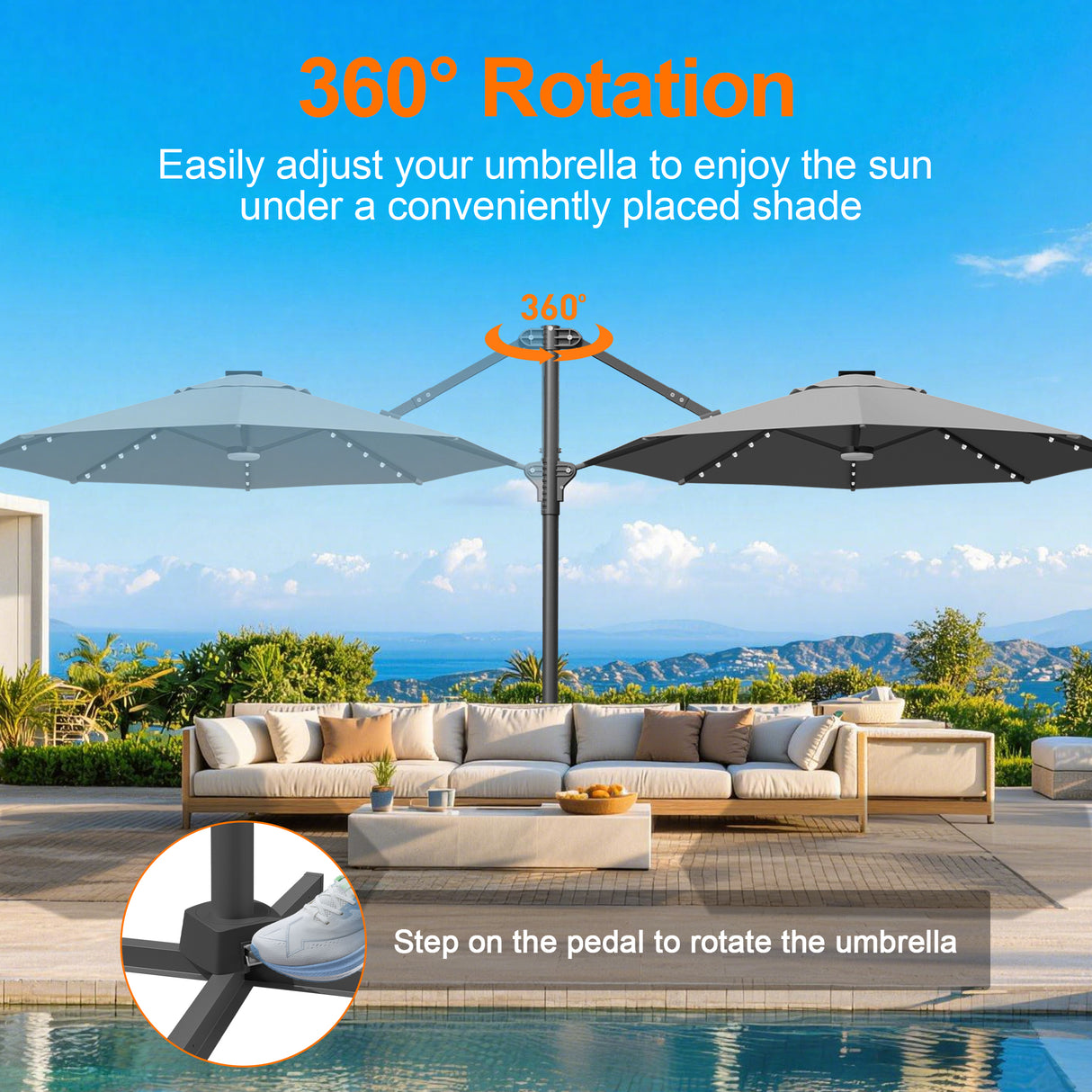 Patioslife Aegis Pro All-in-One Shade Round Cantilever Patio Umbrella with solar LED lights | Premium Cover | Large Base