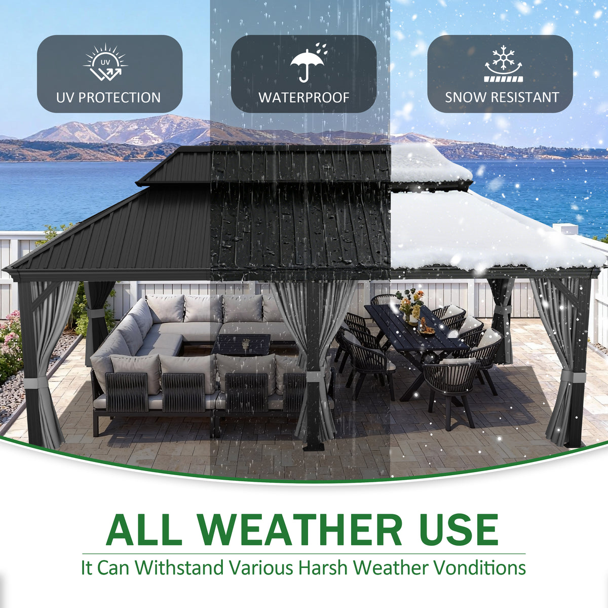 Patioslife 3.65 x 4.8m Luxury Haven Coastal Hardtop Gazebo | Designed for Australian Outdoor Conditions with 120×120mm Aluminium Posts, Drainage Gutters, Double Vented Roof & Curtains