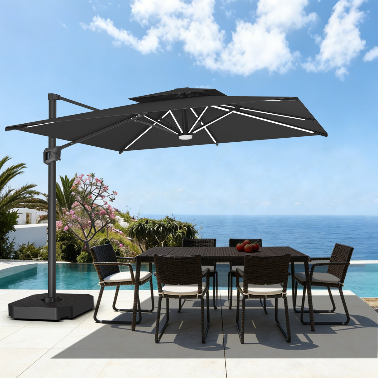Patioslife Aegis Premium Cantilever Umbrella with Full-Rib LED Strip Lighting, Fibreglass Ribs, Powder-Coated Aluminium Pole— Luxury Garden & Patio Shade
