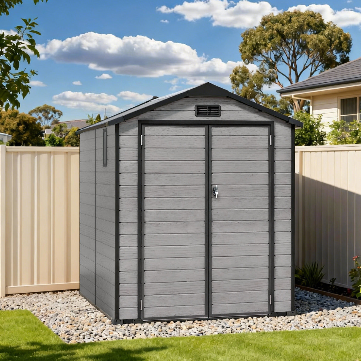 Outdoor Storage Shed with Floor Patioslife YardVault , All-Weather Waterproof Plastic Garden Shed in Resin with Lock and Window for Backyard, Heavy-Duty Storage Shed for Tools, Bikes & Lawn Equipment