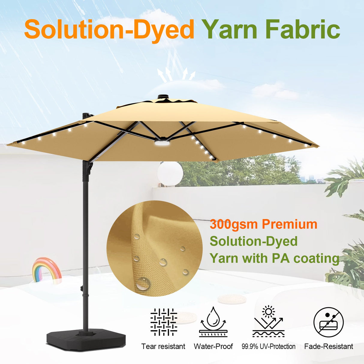 Cantilever umbrella,patioslife,Poolside,Outdoor Leisure Area,Outdoor Kitchen or Dining Area,Garden Pathway,Rooftop Terrace,Sun Shading & Light Contro,Space Definition,LED,lights,solution-dyed yarn fabric