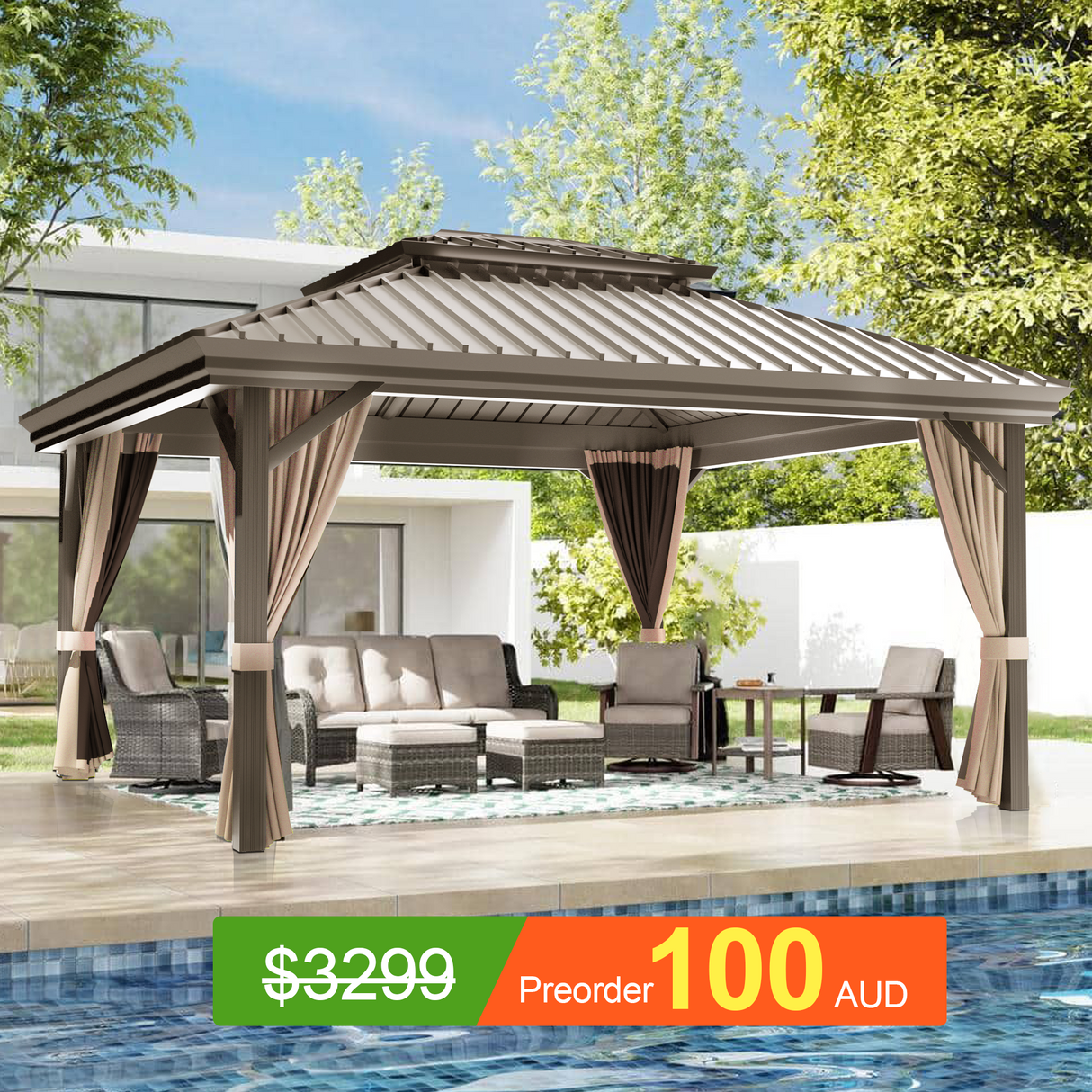 Pre-Order Patioslife Luxury Haven Hardtop Gazebo with Heavy Duty Aluminum Frame, Double Vented Roof & Curtains, Patio Pergola for Garden or Backyard