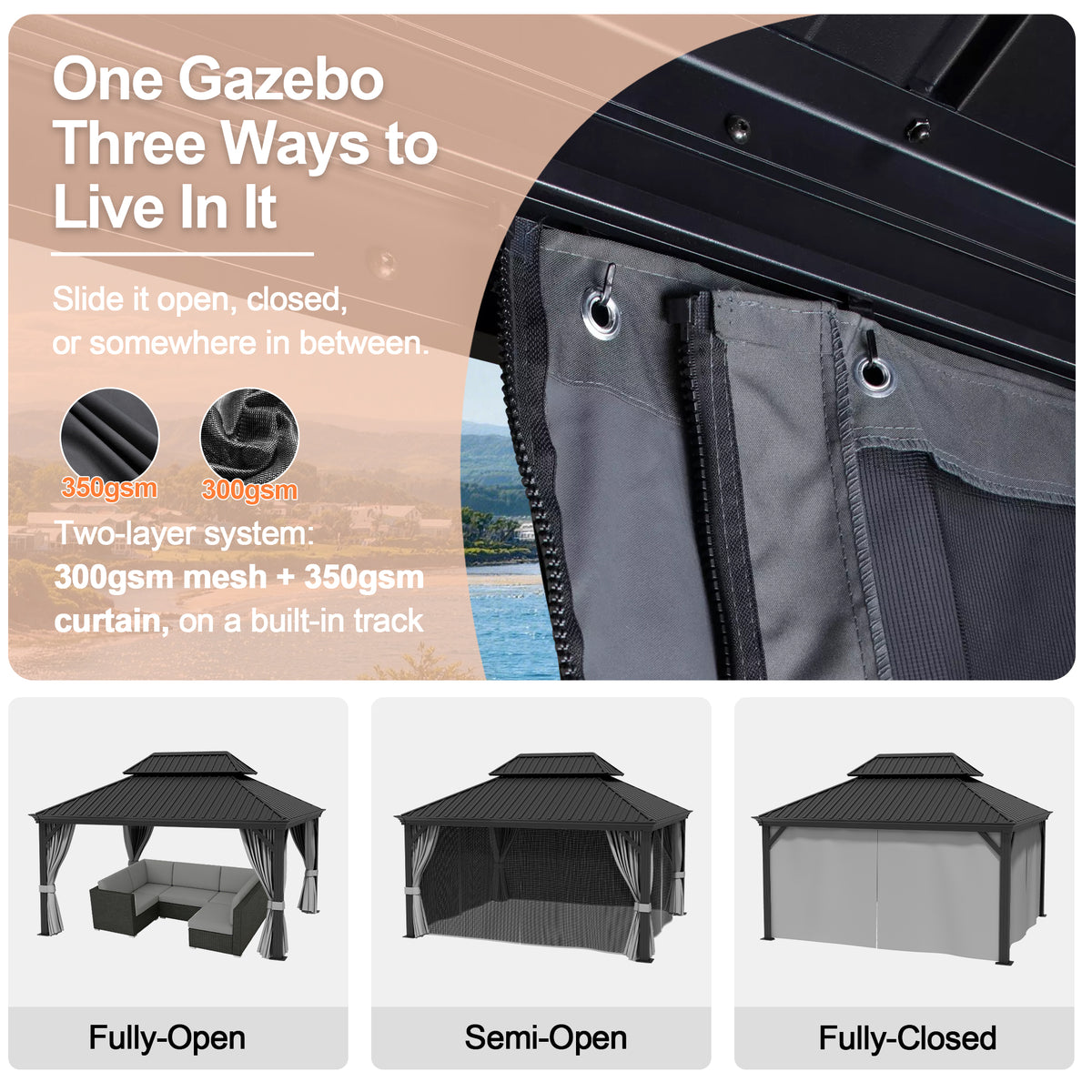 Patioslife 3.0 x 3.65m Luxury Haven Coastal Hardtop Gazebo | Designed for Australian Outdoor Conditions with 120×120mm Aluminium Posts, Drainage Gutters, Double Vented Roof & Curtains