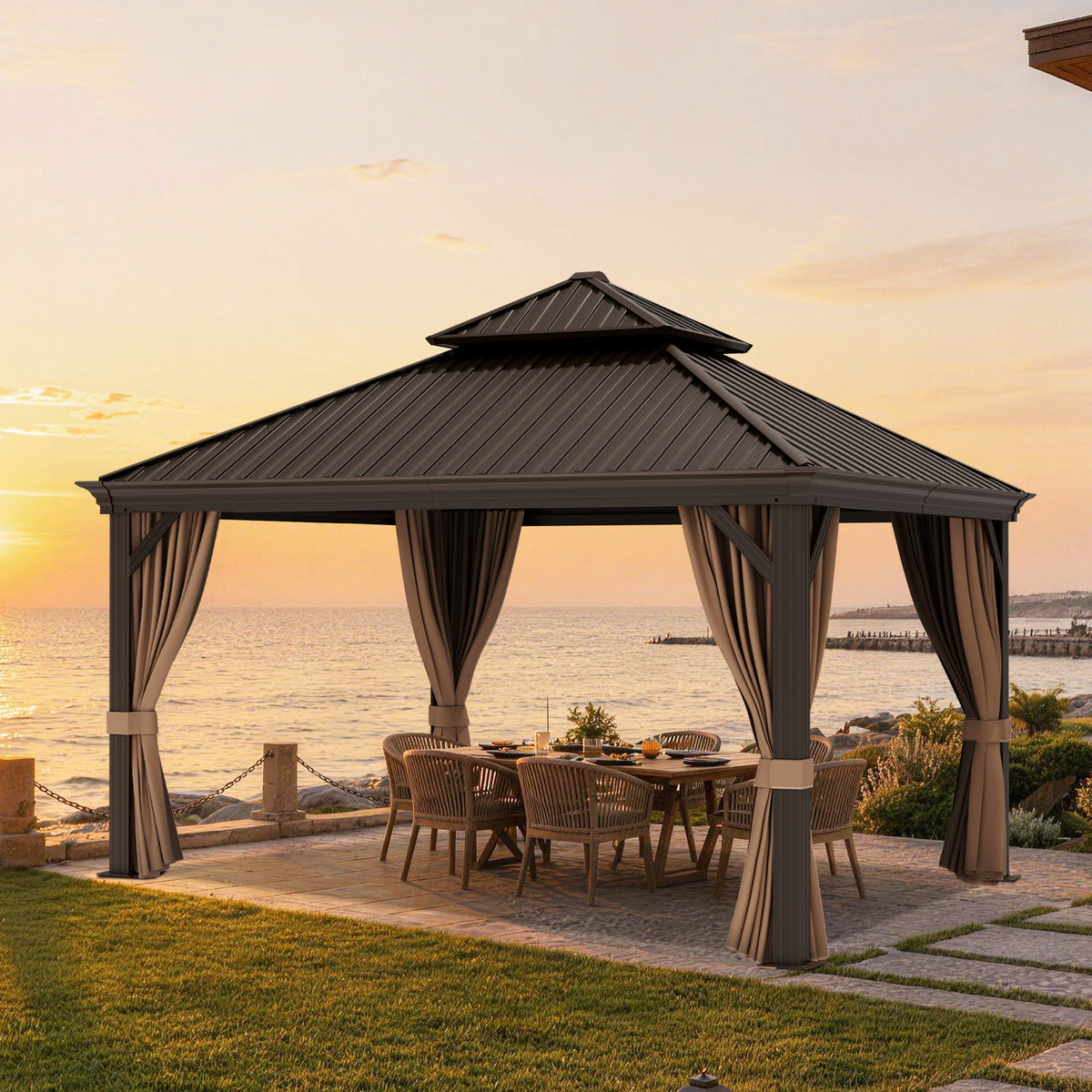 Patioslife Luxury Haven Coastal Hardtop Gazebo | Designed for Australian Outdoor Conditions with 120×120mm Aluminium Posts, Drainage Gutters, Double Vented Roof & Curtains