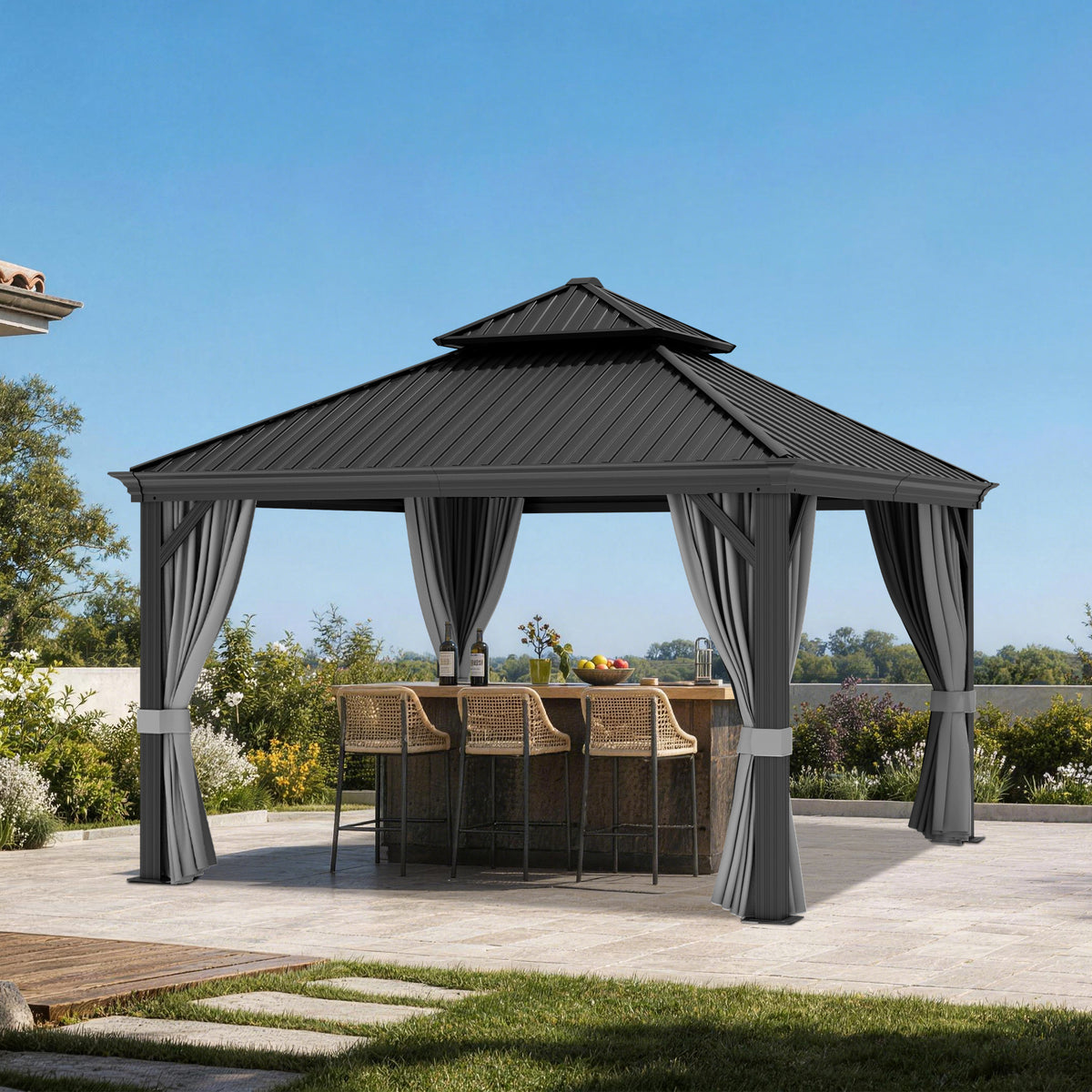 Patioslife Luxury Haven Coastal Hardtop Gazebo | Designed for Australian Outdoor Conditions with 120×120mm Aluminium Posts, Drainage Gutters, Double Vented Roof & Curtains