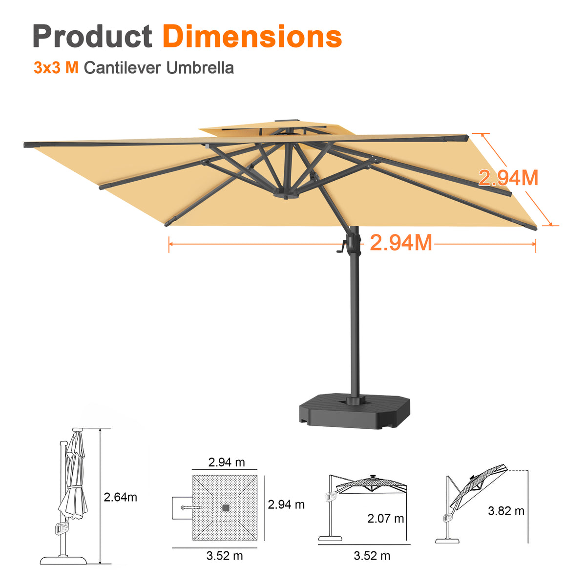 Patioslife Aegis Pro Cantilever Umbrella with Cross Base — Heavy-Duty Frame & Powder-Coated Aluminium Pole for Garden & Patio