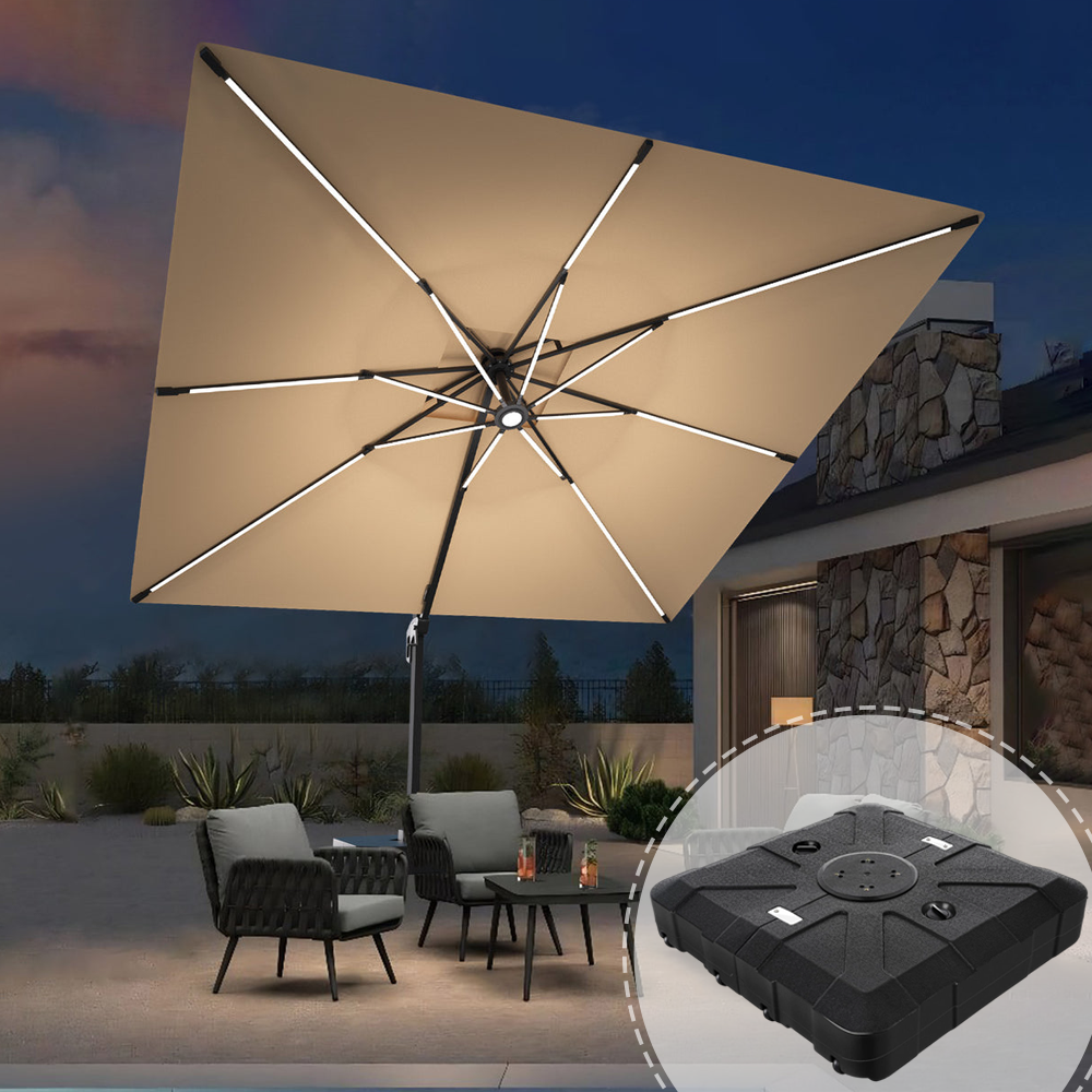 Patioslife 3×3m Tan Aegis Premium cantilever umbrella with full-rib LED strip lighting and heavy-duty base, shown over a modern night patio with outdoor lounge chairs and a stone house backdrop