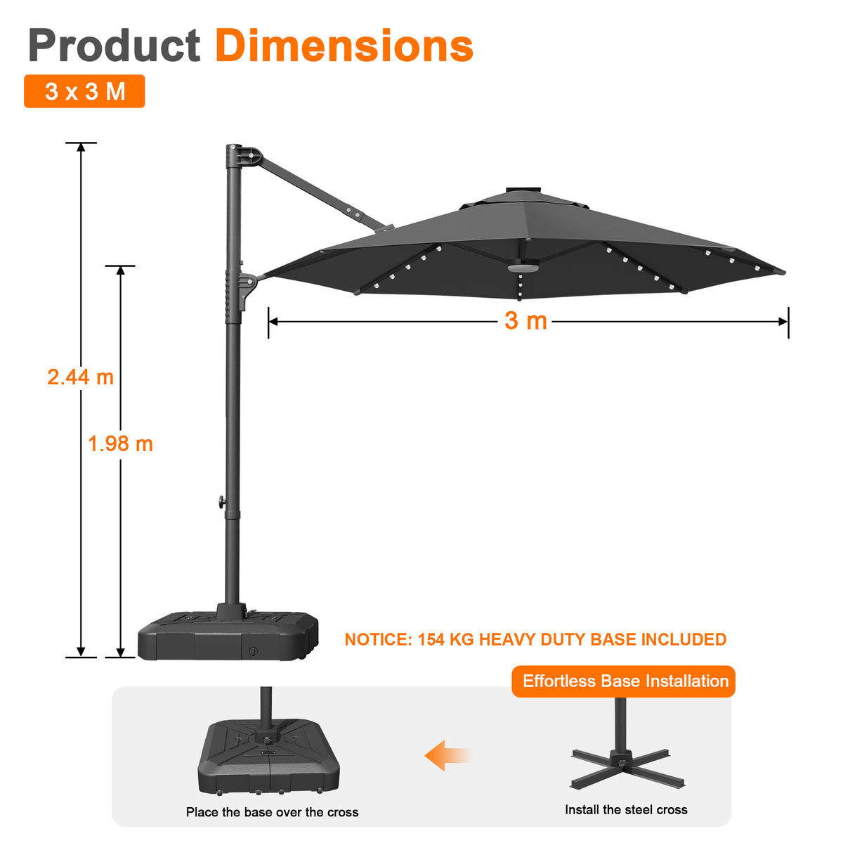 Patioslife Aegis Pro All-in-One Shade Round Cantilever Patio Umbrella with solar LED lights | Premium Cover | Large Base