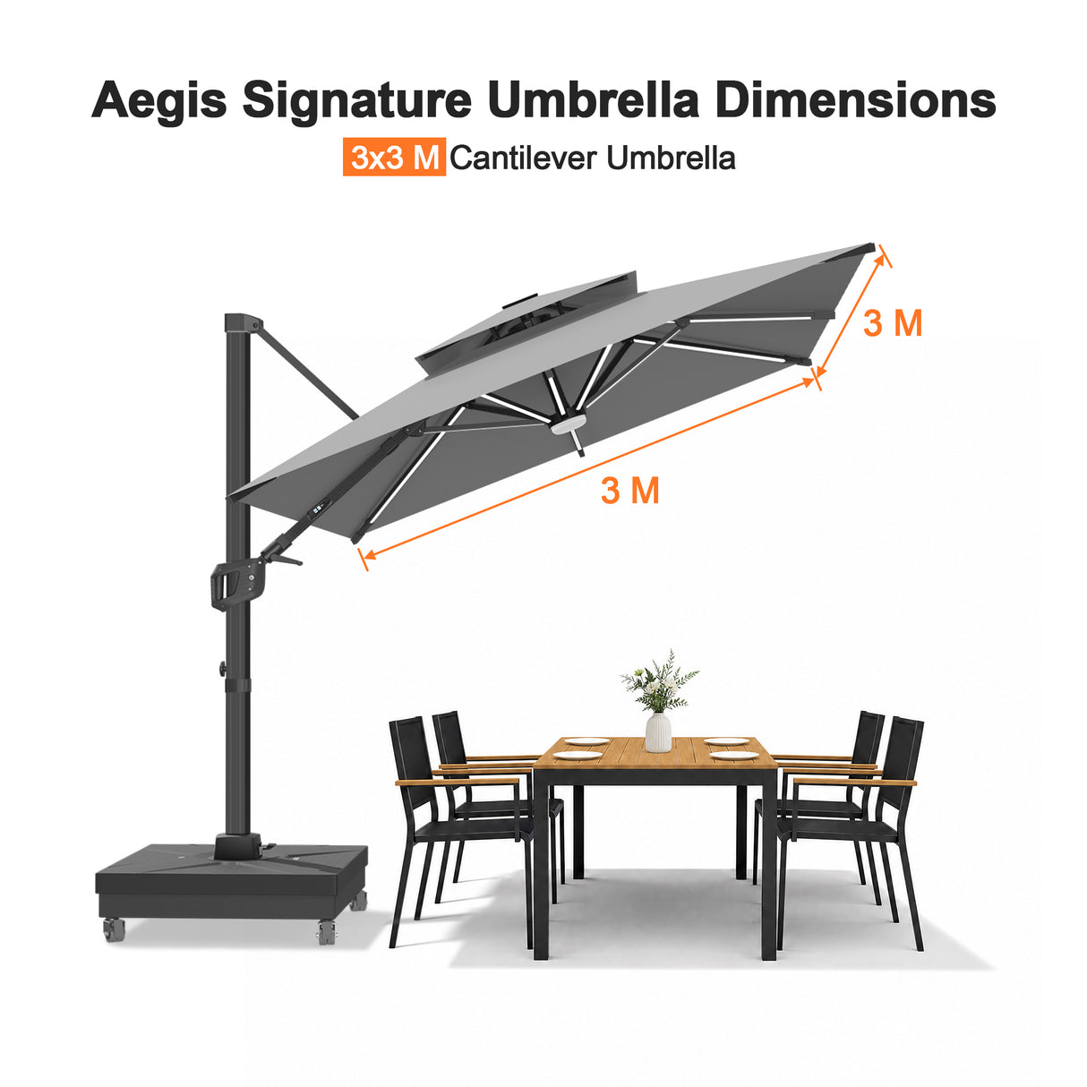 Patioslife Aegis Signature Rotating Cantilever Patio Umbrella with Adjustable Tilt | Large Outdoor Shade Umbrella for Garden, Deck & Poolside, Includes Free Premium Cover