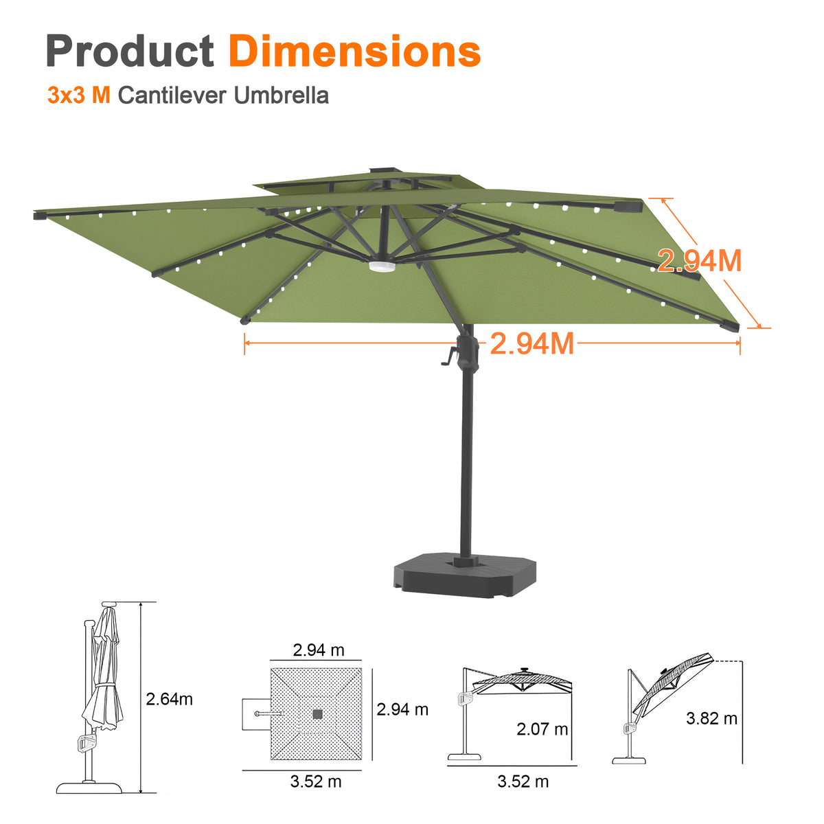 Patioslife Aegis Pro Cantilever Umbrella with LED Lights, Reinforced & Powder-Coated Aluminium Ribs and Pole — Perfect for Garden & Patio
