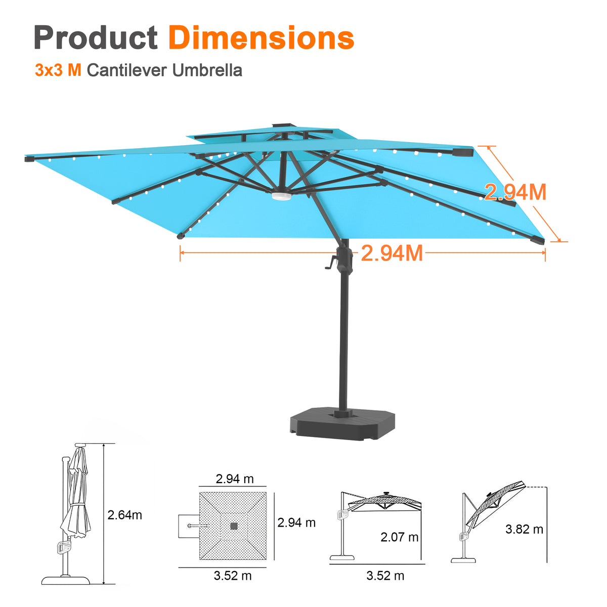 Patioslife Aegis Pro Cantilever Umbrella with LED Lights, Reinforced & Powder-Coated Aluminium Ribs and Pole — Perfect for Garden & Patio