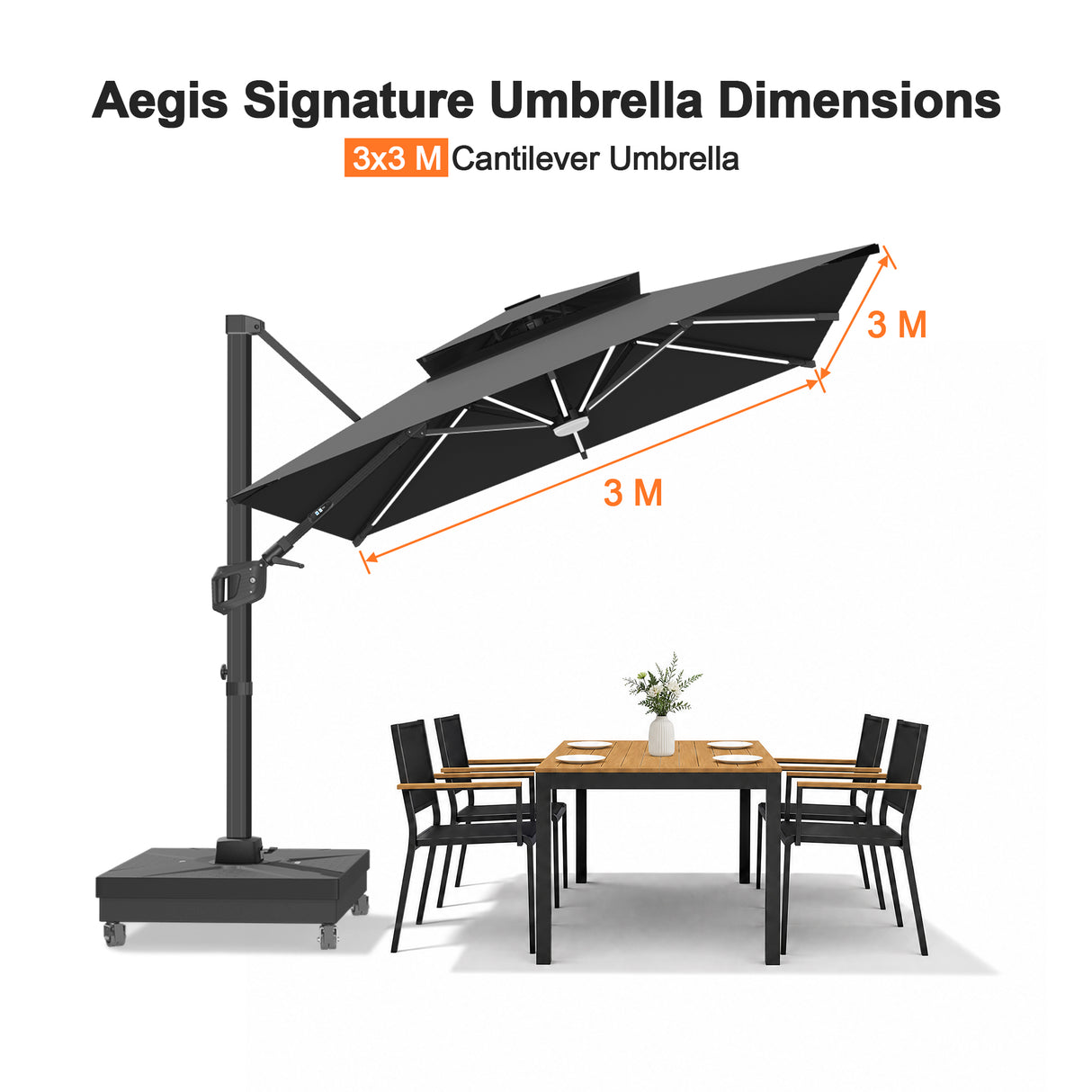 Patioslife Aegis Signature Rotating Cantilever Patio Umbrella with Adjustable Tilt | Large Outdoor Shade Umbrella for Garden, Deck & Poolside, Includes Free Premium Cover