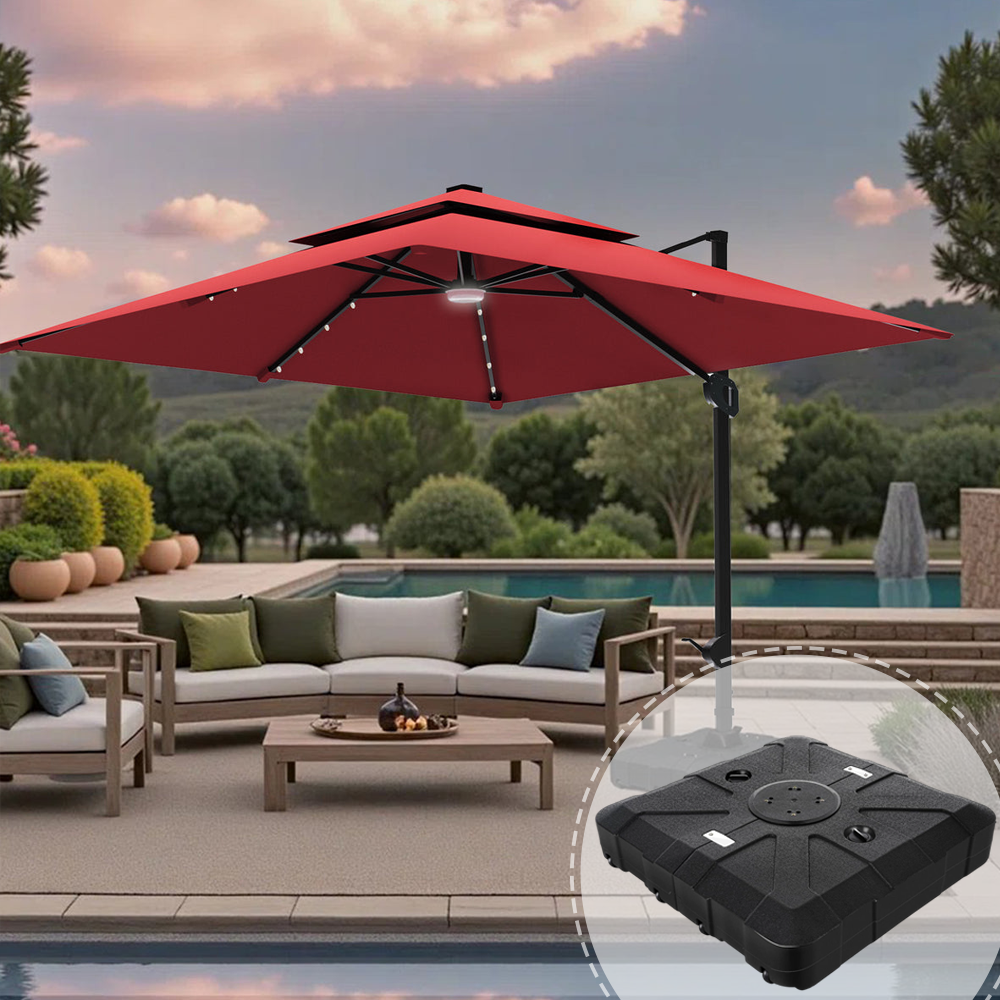Patioslife 3x3m Burgundy LED cantilever umbrella with black base detail over evening poolside seating