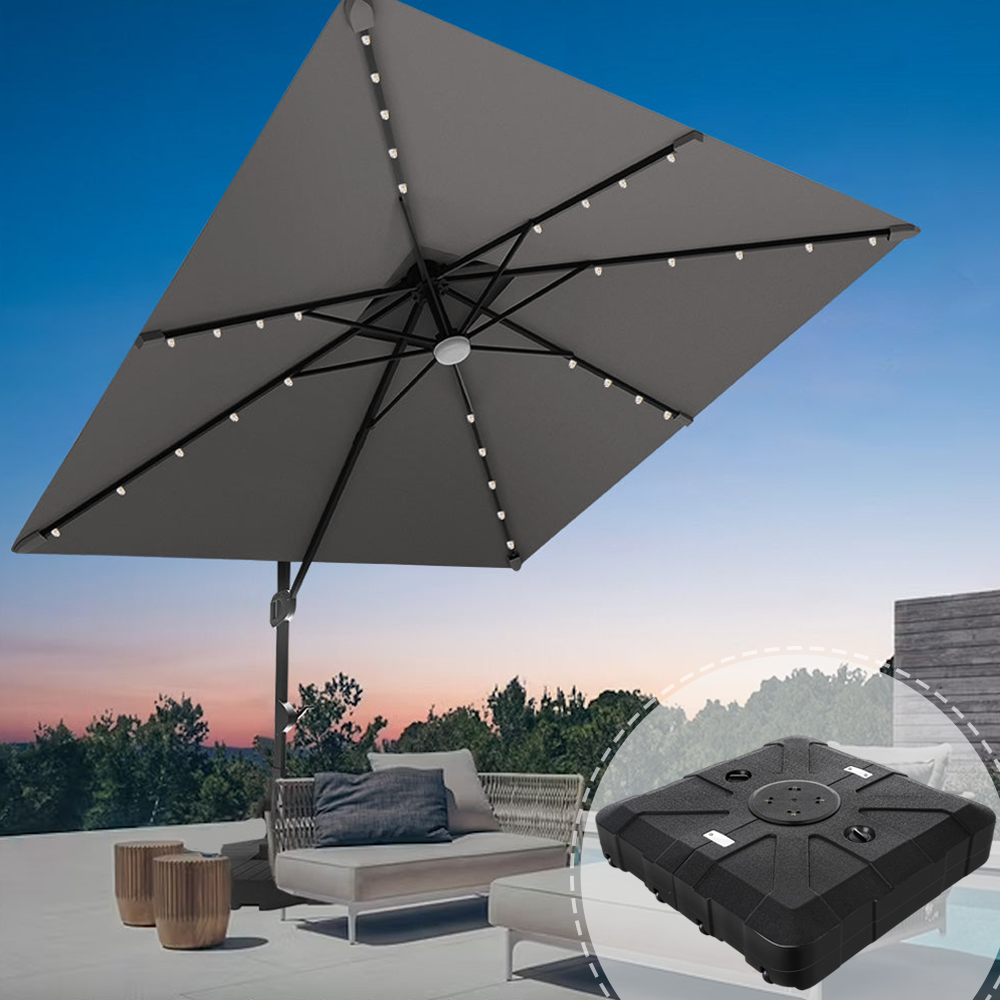 Patioslife 3x3m Charcoal LED cantilever umbrella with black base detail over sunset patio lounge