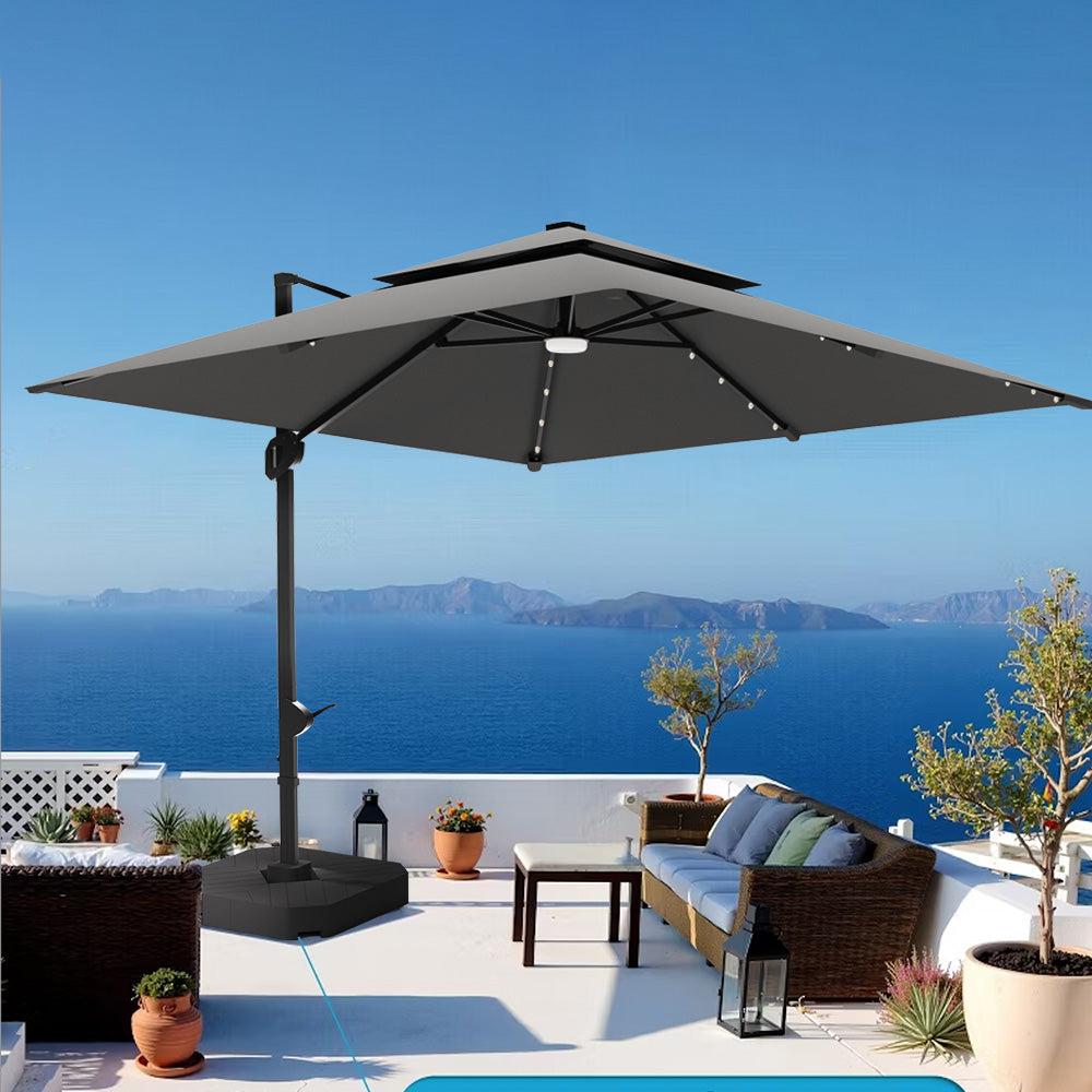 Patioslife 3x3m Charcoal LED cantilever umbrella shading terrace sofa seating with sea view