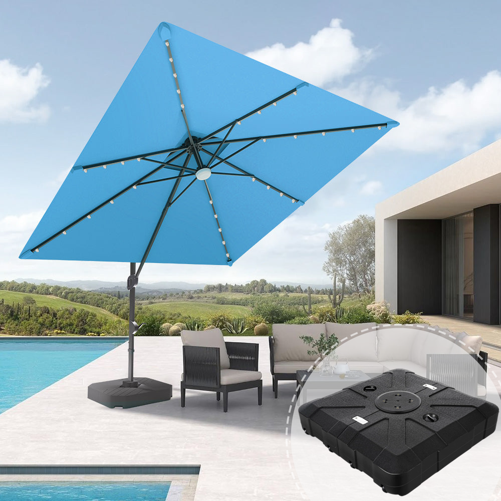 Patioslife 3x3m Turquoise LED cantilever umbrella with black base detail beside poolside lounge furniture