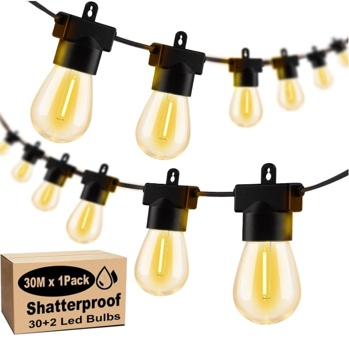 Patioslife™| 30M Outdoor Festoon Lights – 1 Pack String Lights with 30+2 S14 LED Bulbs, Waterproof & Shatterproof, 2700K Warm White Light for Party, Garden, Yard