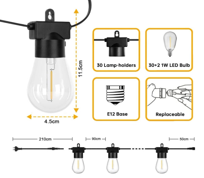 Patioslife™| 30M Outdoor Festoon Lights – 1 Pack String Lights with 30+2 S14 LED Bulbs, Waterproof & Shatterproof, 2700K Warm White Light for Party, Garden, Yard
