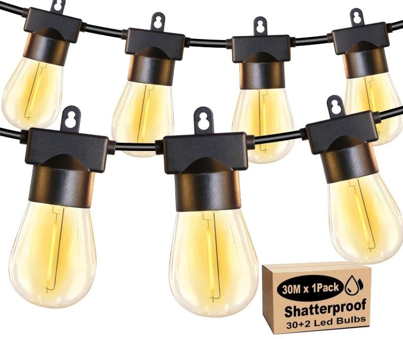 Patioslife™| 30M Outdoor Festoon Lights – 1 Pack String Lights with 30+2 S14 LED Bulbs, Waterproof & Shatterproof, 2700K Warm White Light for Party, Garden, Yard