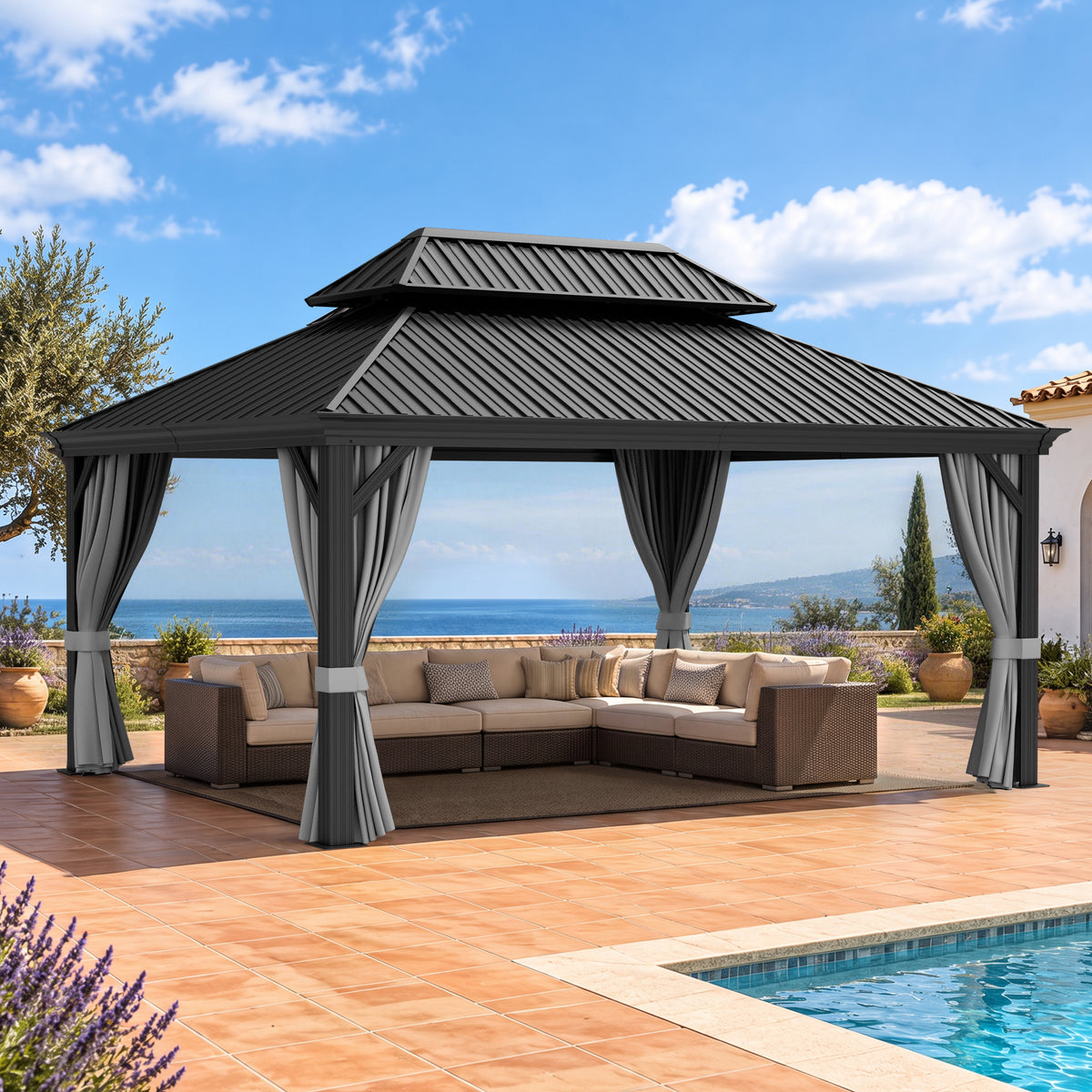 Patioslife Luxury Haven Coastal Hardtop Gazebo | Designed for Australian Outdoor Conditions with 120×120mm Aluminium Posts, Drainage Gutters, Double Vented Roof & Curtains