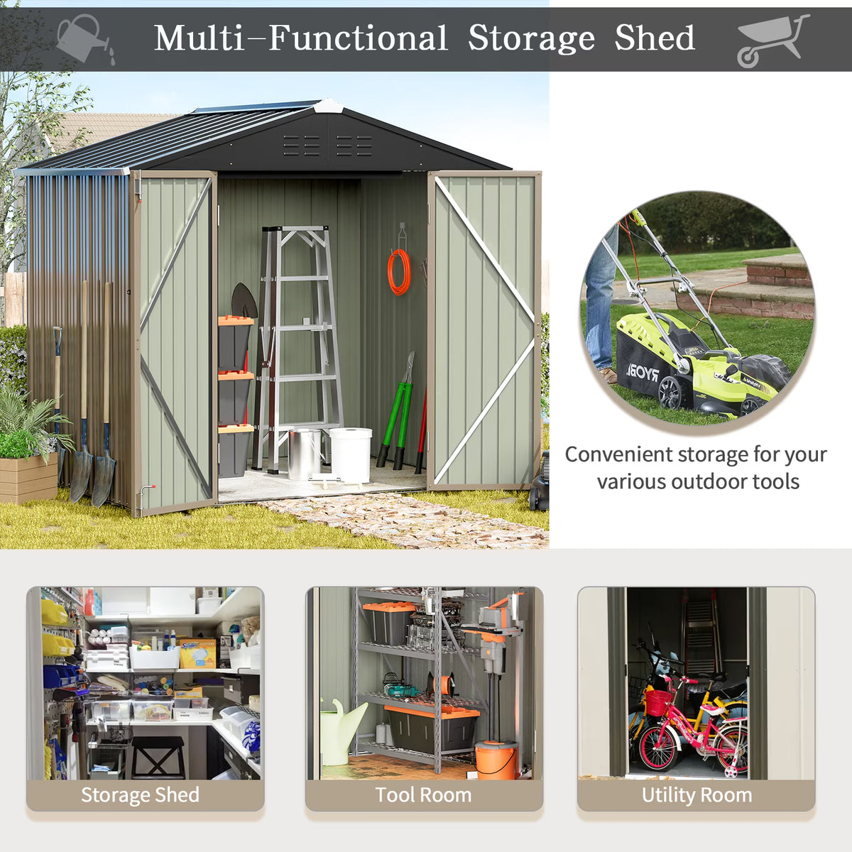 Patioslife Metal Garden Shed – Galvanised Steel Outdoor Storage Shed, All-Weather Backyard Storage Unit