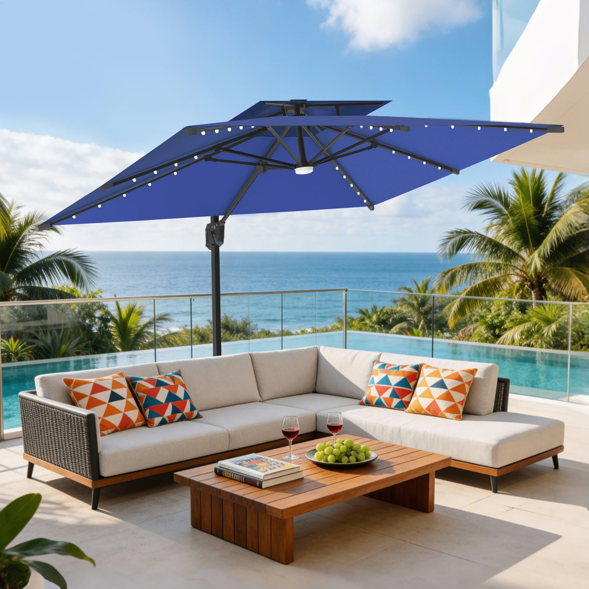 Patioslife Aegis Pro Cantilever Umbrella with LED Lights, Reinforced & Powder-Coated Aluminium Ribs and Pole — Perfect for Garden & Patio