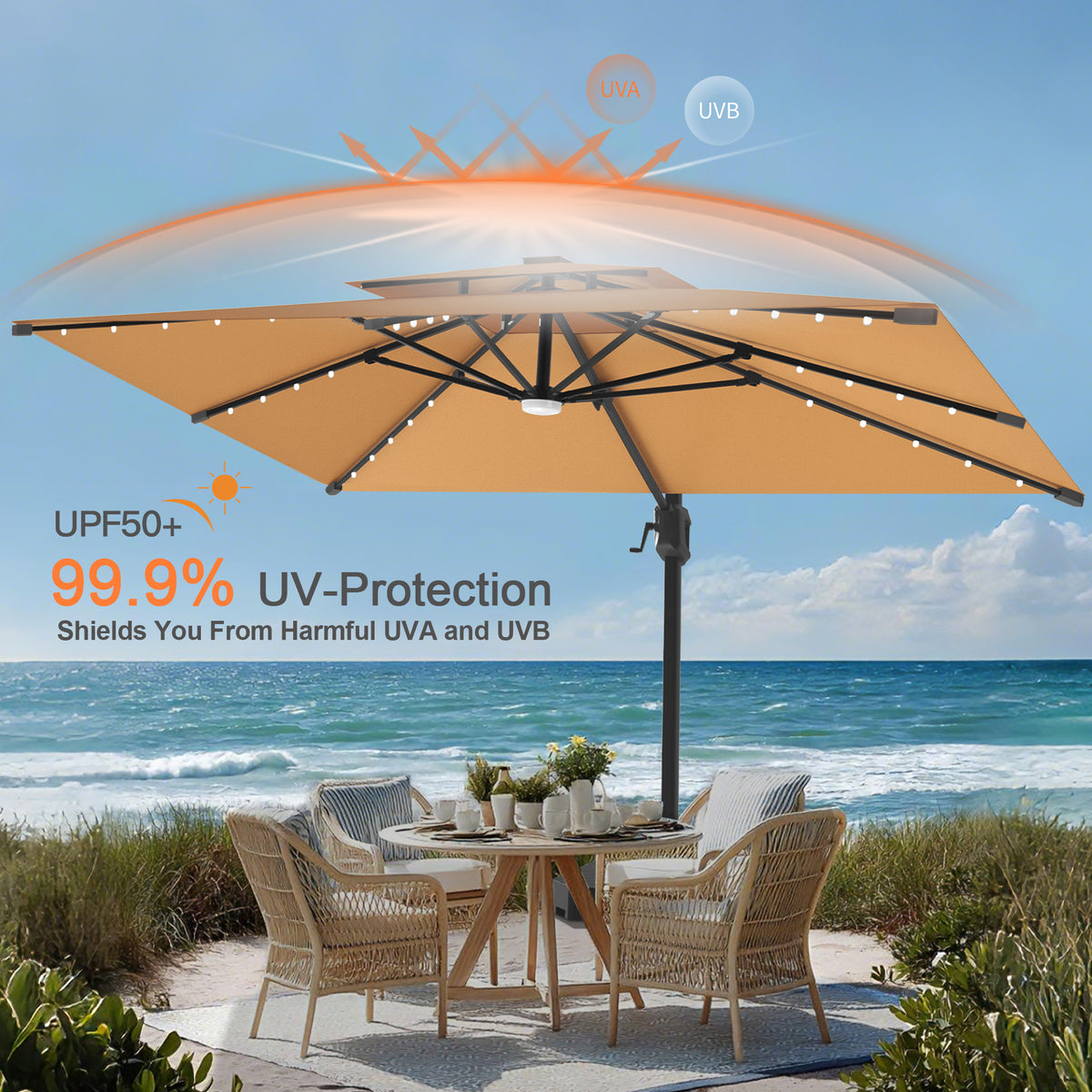 Patioslife Aegis Pro Cantilever Umbrella with LED Lights, Reinforced & Powder-Coated Aluminium Ribs and Pole — Perfect for Garden & Patio