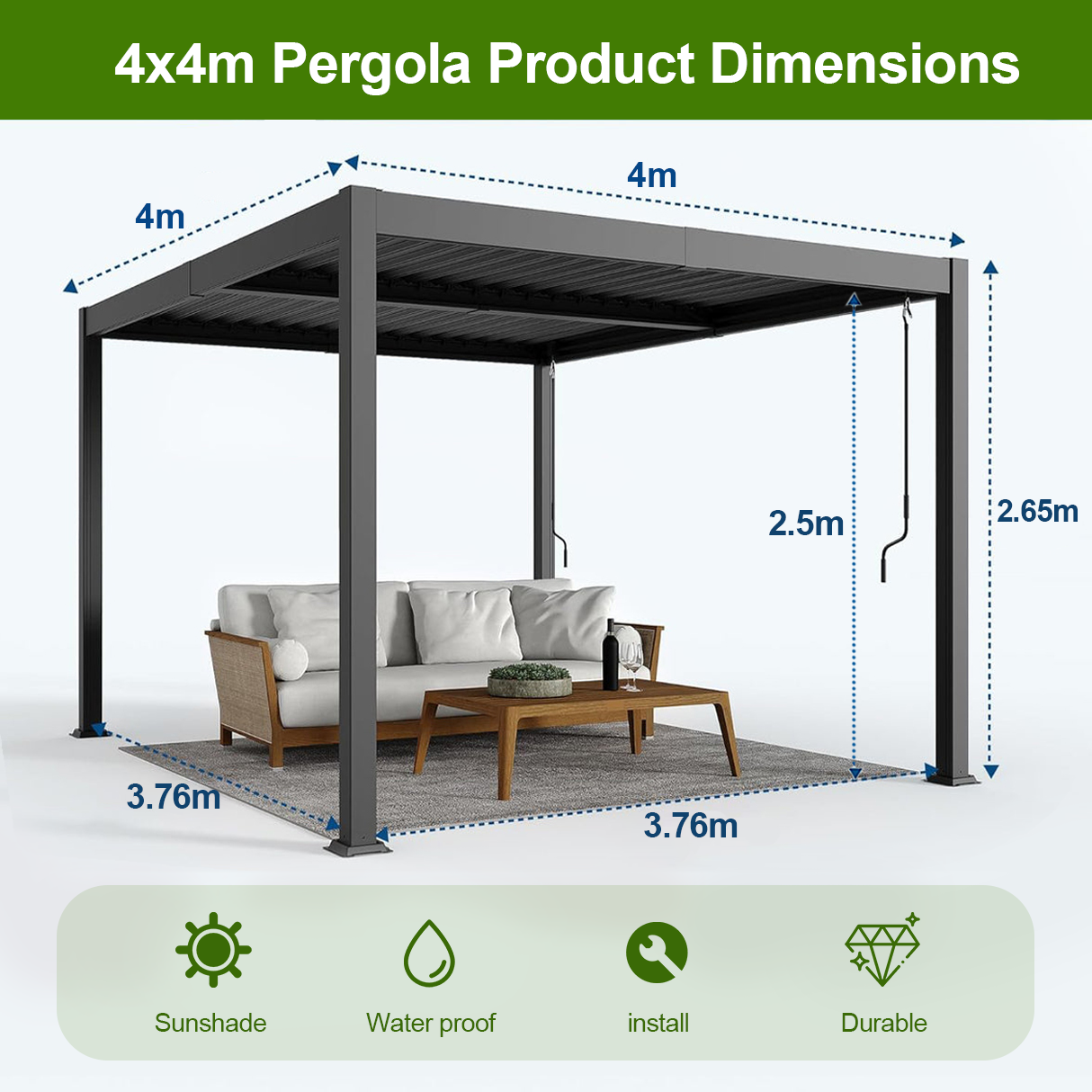 Patioslife Atlantic™ | Aluminium Louvered Pergola with Adjustable Roof & Ambient LED Lights, Freestanding Outdoor Shelter for Patio, Deck & Poolside