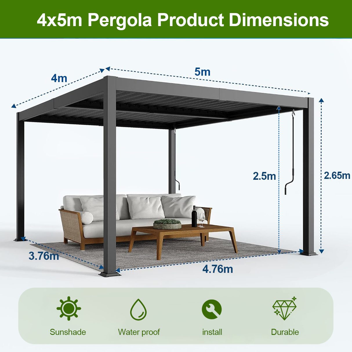Patioslife Atlantic™ | Aluminium Louvered Pergola with Adjustable Roof & Ambient LED Lights, Freestanding Outdoor Shelter for Patio, Deck & Poolside