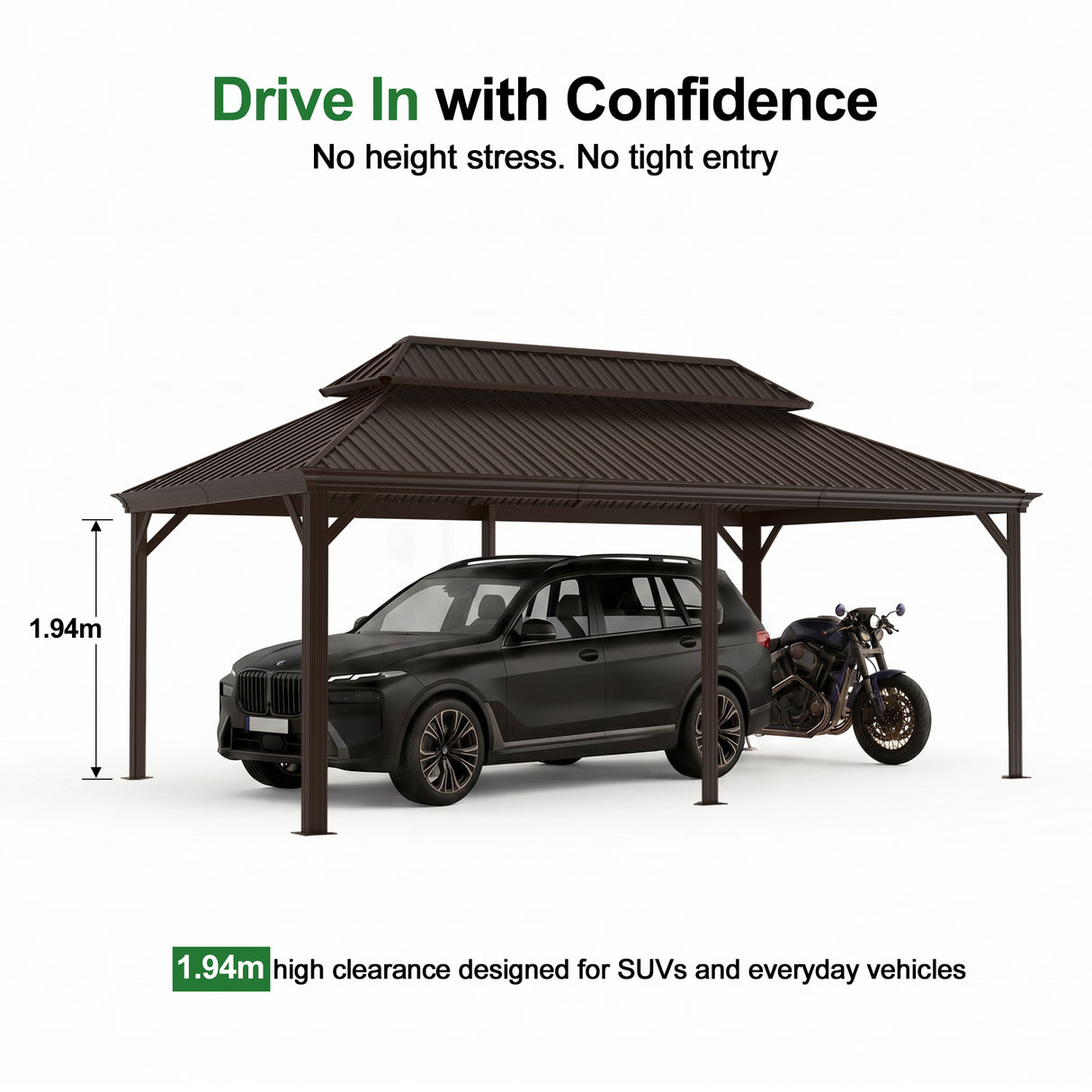Patioslife Aluminium Carport with Steel Roof – Weatherproof Canopy for Cars, Motorbikes & Campervans