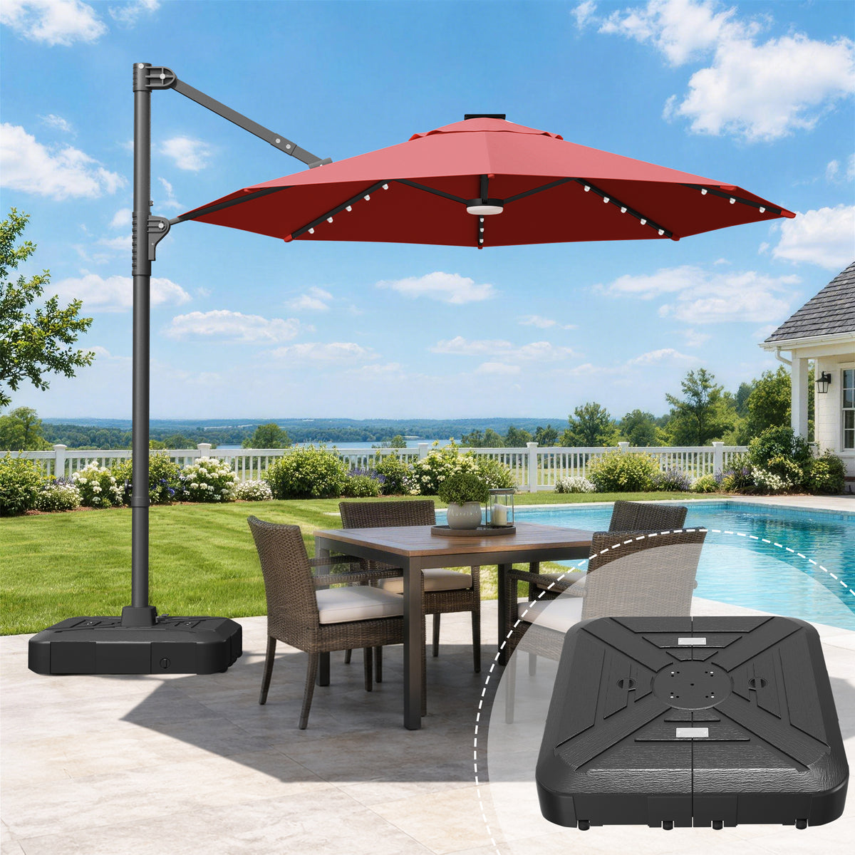 Patioslife Aegis Pro All-in-One Shade Round Cantilever Patio Umbrella with solar LED lights | Premium Cover | Large Base