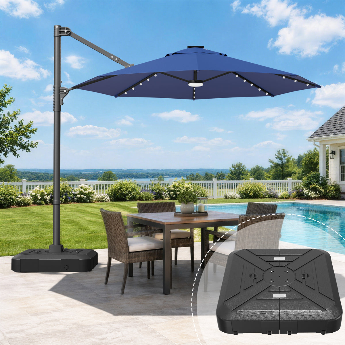 Patioslife Aegis Pro All-in-One Shade Round Cantilever Patio Umbrella with solar LED lights | Premium Cover | Large Base
