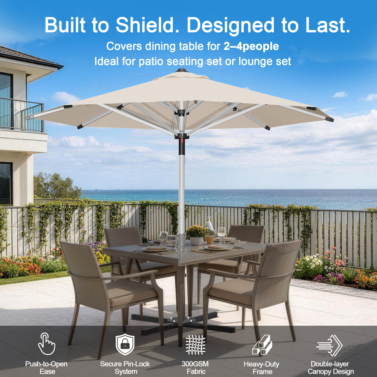 Patioslife Outdoor Umbrella — Square & Round | Heavy-Duty Aluminium Pole, Double-Vented Canopy | 2.7m, 3m & 3.35m