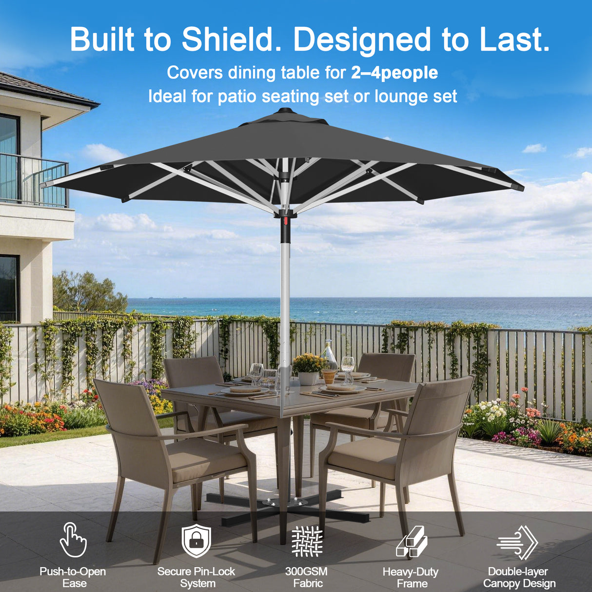 Patioslife Outdoor Umbrella — Square & Round | Heavy-Duty Aluminium Pole, Double-Vented Canopy | 2.7m, 3m & 3.35m